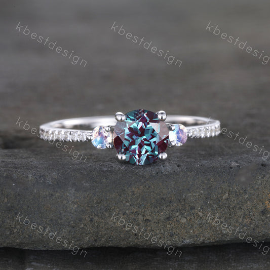 Three stone Alexandrite ring sterling silver ring for women 6mm round cut Alexandrite engagement ring moonstone ring promise ring gift