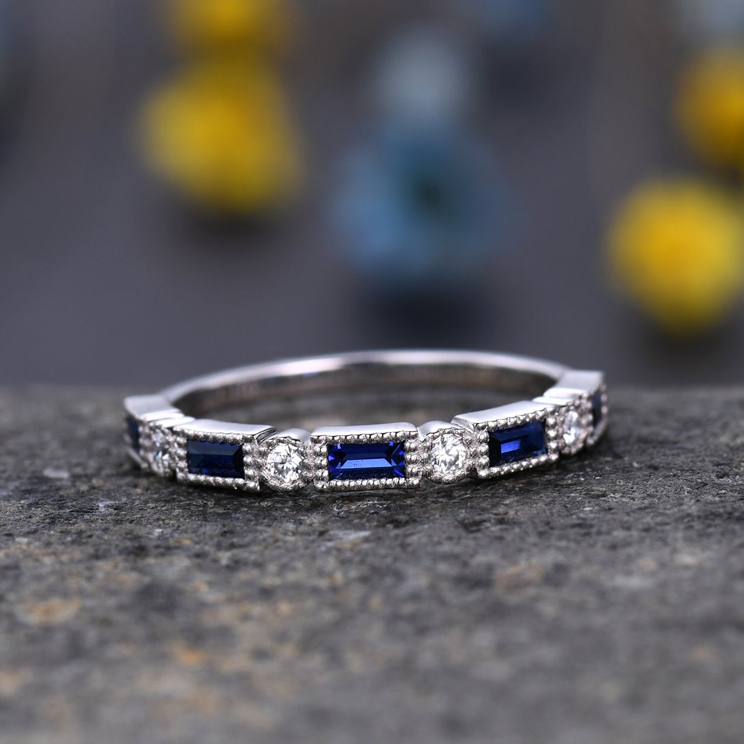 Half eternity sapphire diamond wedding band baguette cut sapphire natural diamond engagemnt band promise matching band birthday gift for her