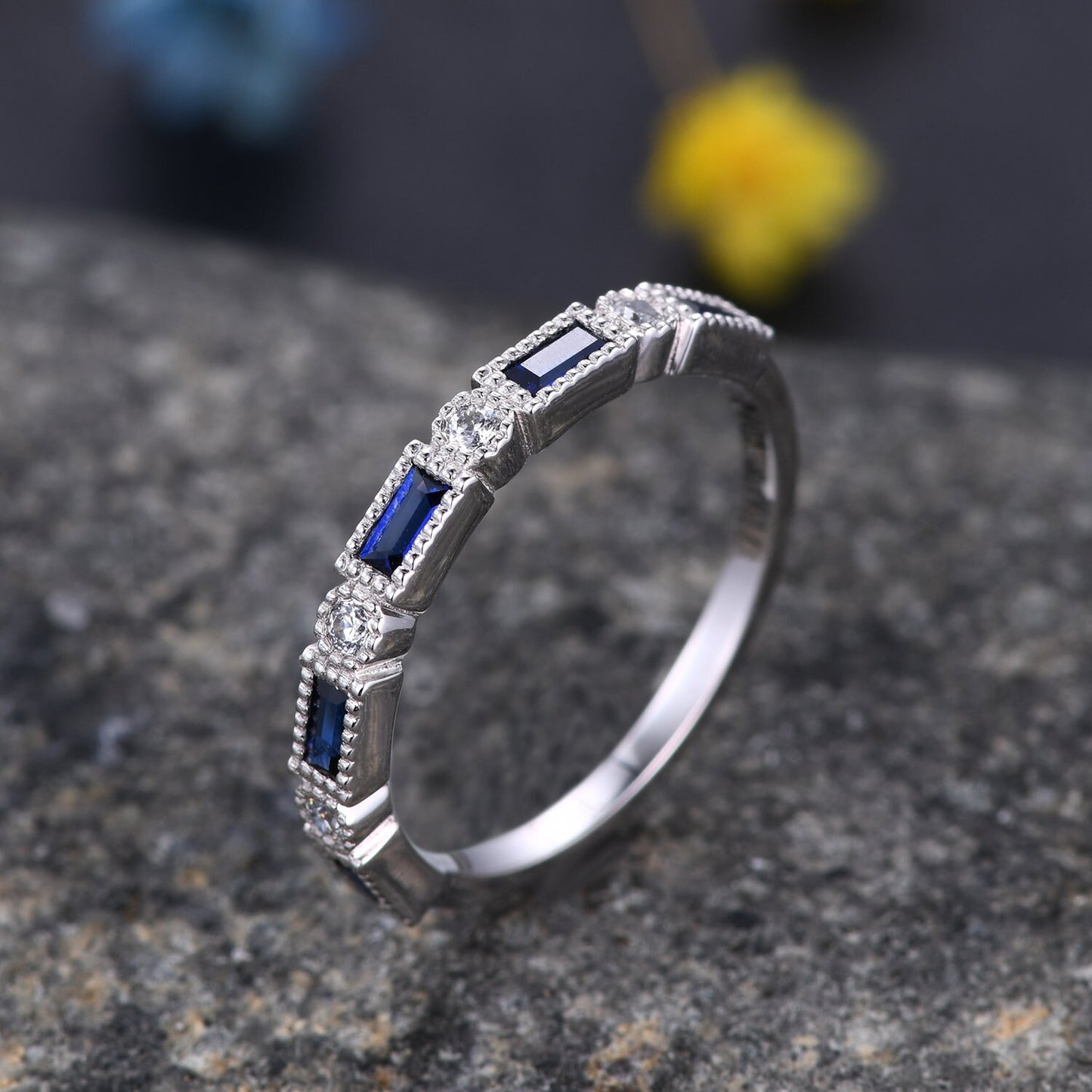 Half eternity sapphire diamond wedding band baguette cut sapphire natural diamond engagemnt band promise matching band birthday gift for her