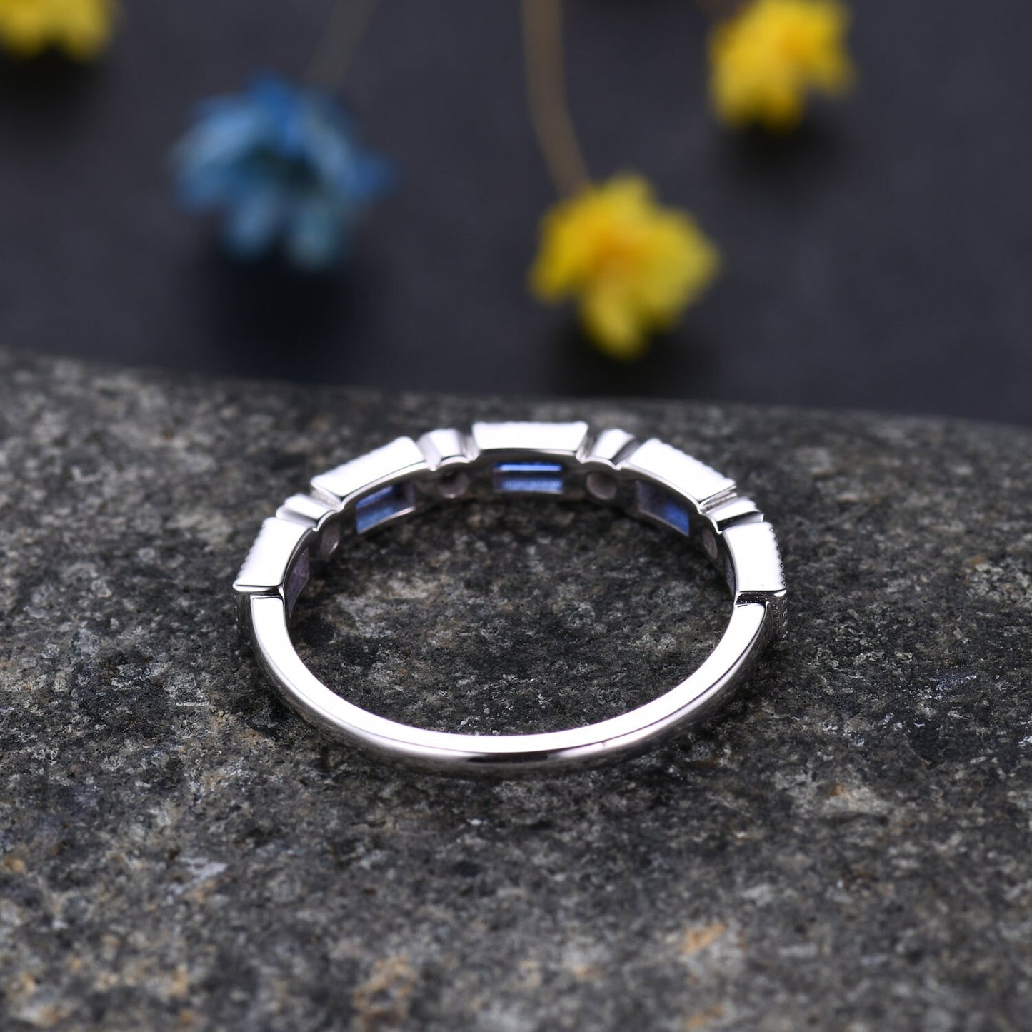 Half eternity sapphire diamond wedding band baguette cut sapphire natural diamond engagemnt band promise matching band birthday gift for her