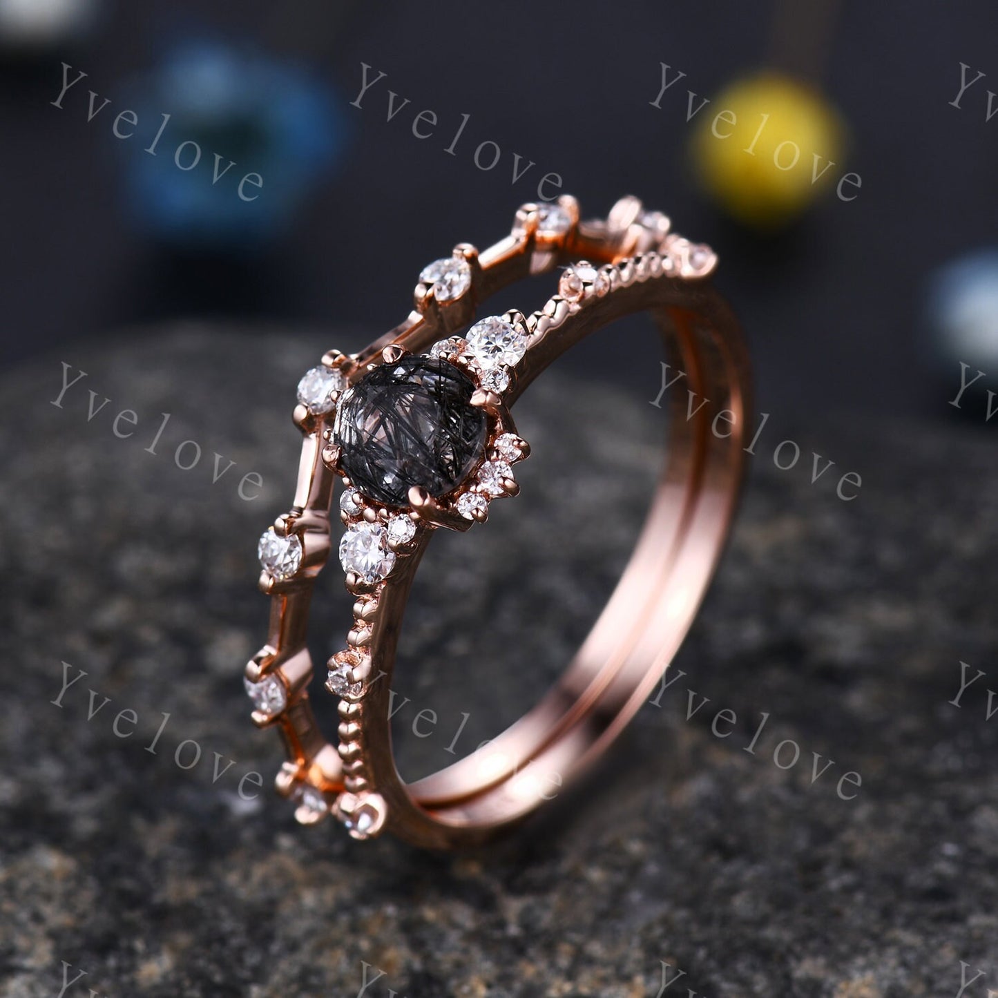 Black Rutilated Quartz Engagement Ring 14k Rose Gold Diamond/Moissanite Stacking Wedding Band Minimalist Floral Bridal Ring Set