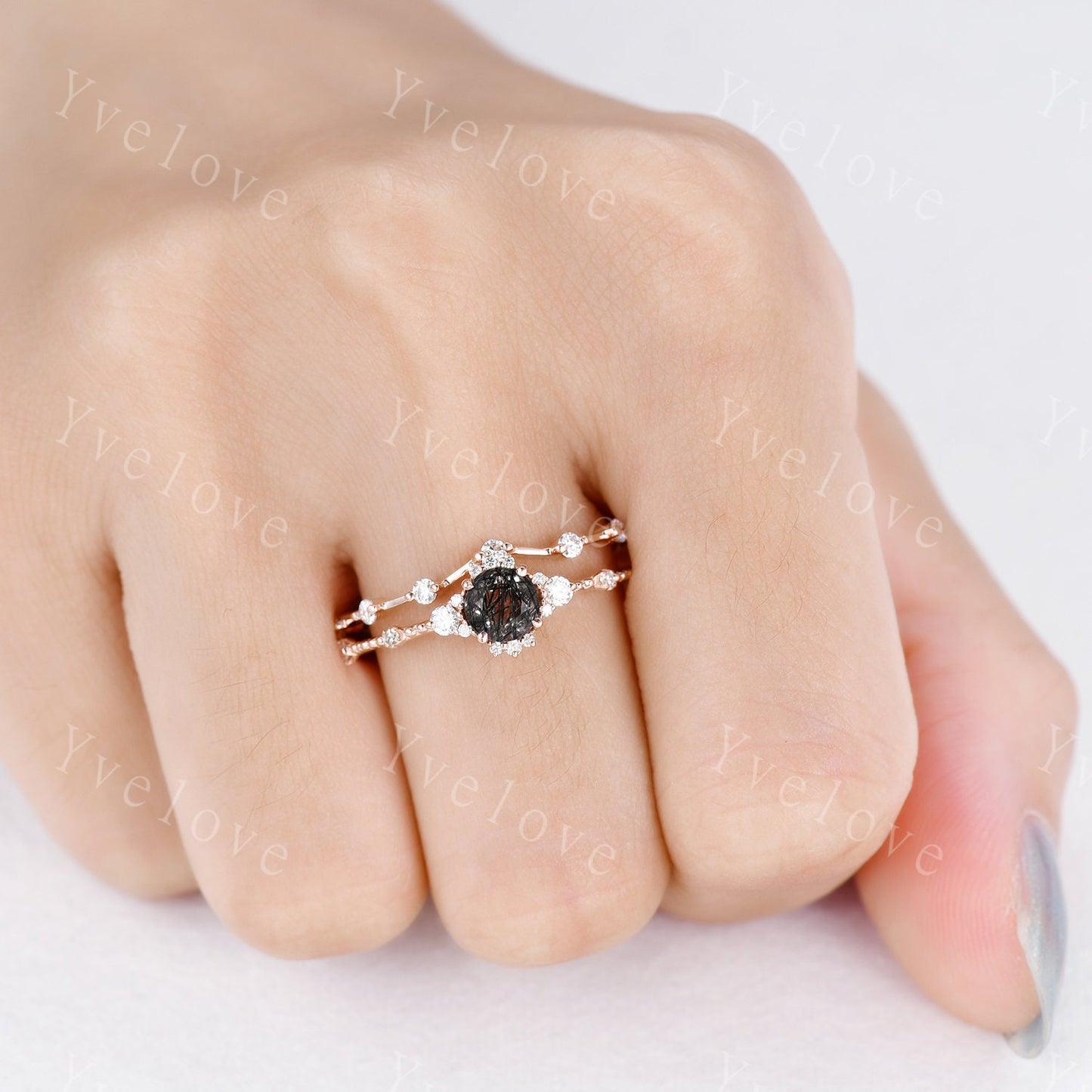 Black Rutilated Quartz Engagement Ring 14k Rose Gold Diamond/Moissanite Stacking Wedding Band Minimalist Floral Bridal Ring Set