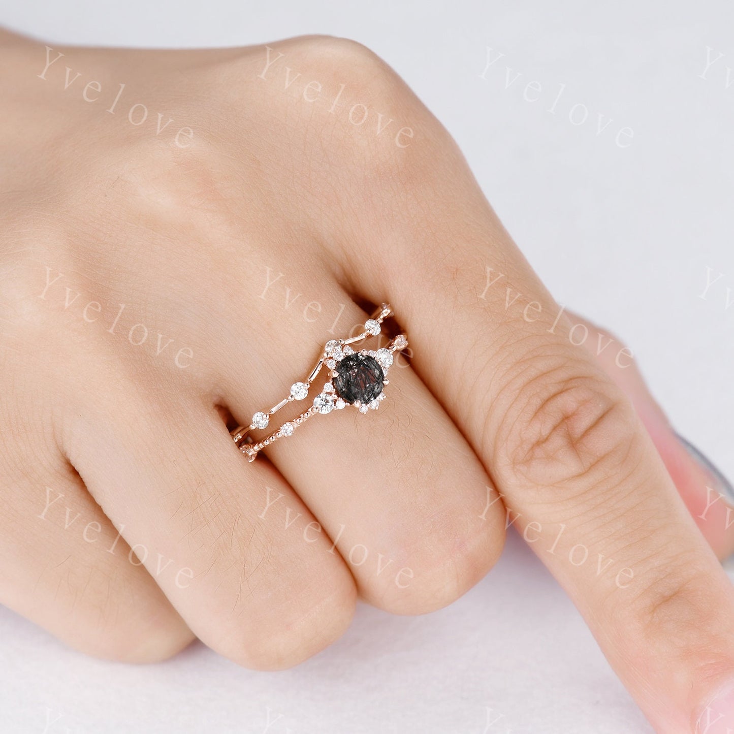 Black Rutilated Quartz Engagement Ring 14k Rose Gold Diamond/Moissanite Stacking Wedding Band Minimalist Floral Bridal Ring Set