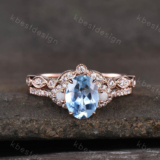 Oval Aquamarine Engagement Ring Set Vintage Rose Gold Aquamarine Bridal Ring Set Art Deco Curved Matching Band Anniversary Gift for Her