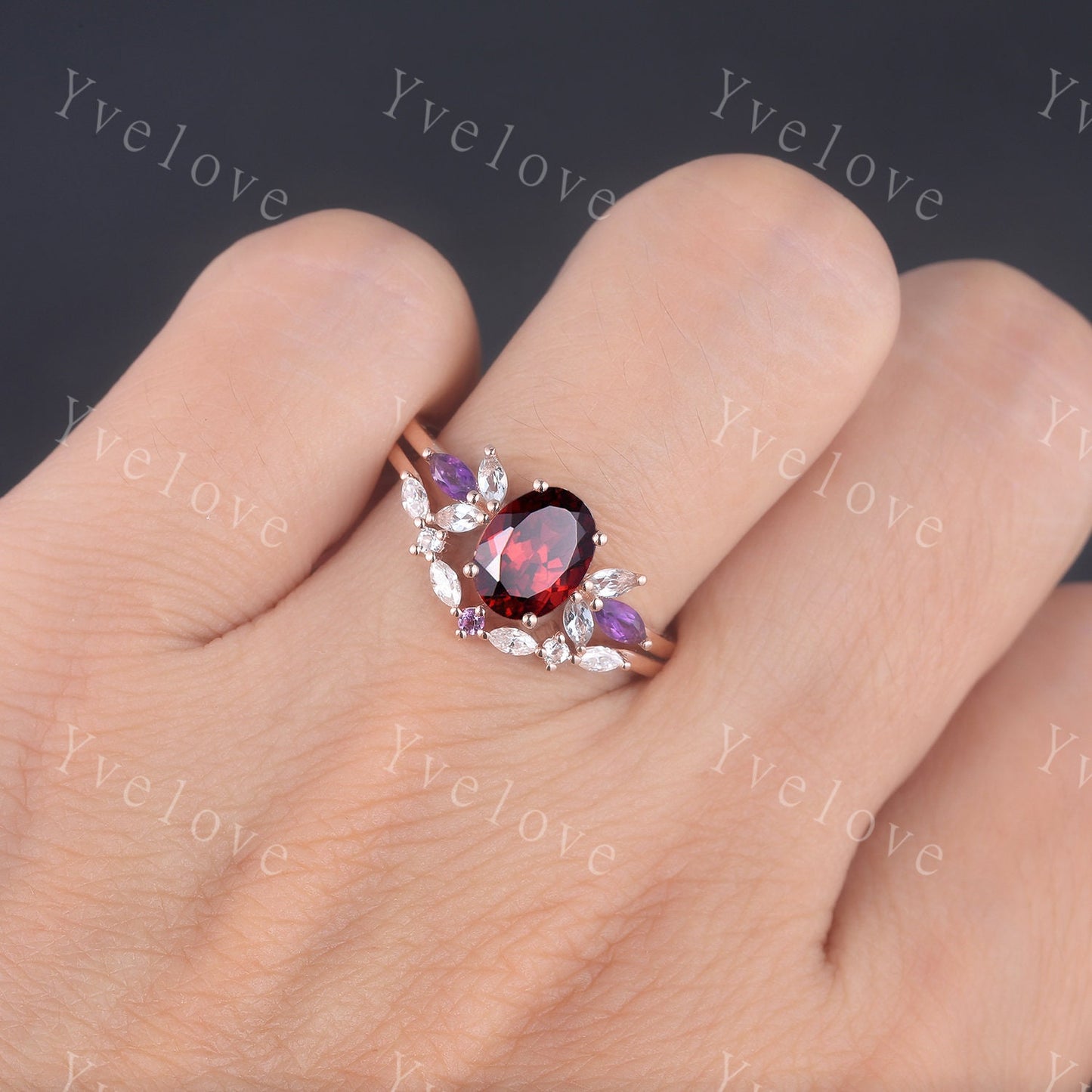Garnet engagement ring set rose gold plated art deco ring CZ/moissanite stackig matching band women promise ring bridal set Christmas gift