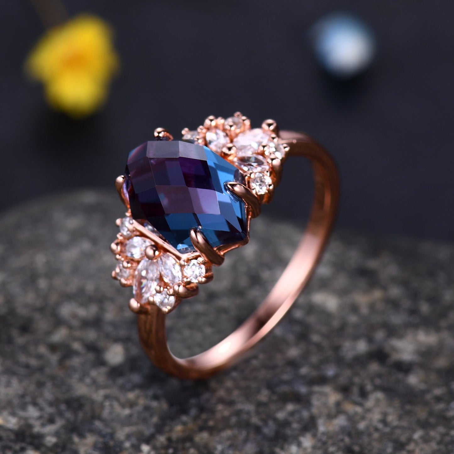 Vintage Alexandrite engagement ring,Unique Hexagon Alexandrite Ring,Cluster Diamond Ring,Bridal Wedding Ring For Women Gift,Statement Ring