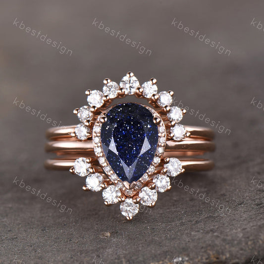 Vintage Blue Sandstone Wedding Ring Set Pear cut Blue Sandstone Engagement Ring Unique Curved Stacking Bands Bridal Promise Set Rose Gold