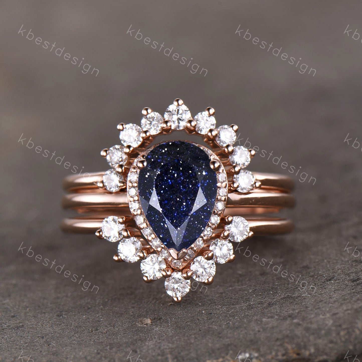 Vintage Blue Sandstone Wedding Ring Set Pear cut Blue Sandstone Engagement Ring Unique Curved Stacking Bands Bridal Promise Set Rose Gold