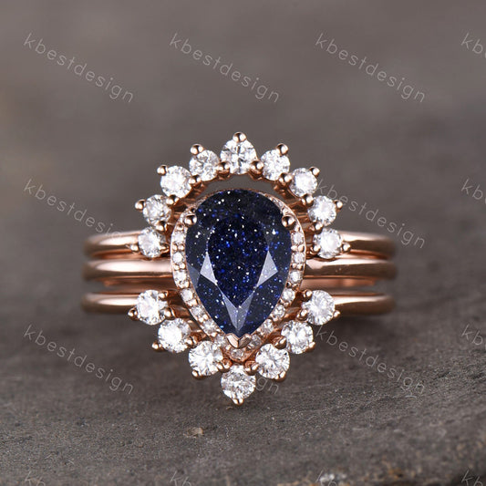 Vintage Blue Sandstone Wedding Ring Set Pear cut Blue Sandstone Engagement Ring Unique Curved Stacking Bands Bridal Promise Set Rose Gold