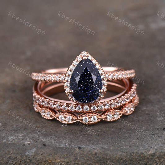 3PCS Blue Sandstone Wedding Set Art deco rose gold wedding ring pear blue sandstone engagement ring half eternity bands Promise Bridal ring