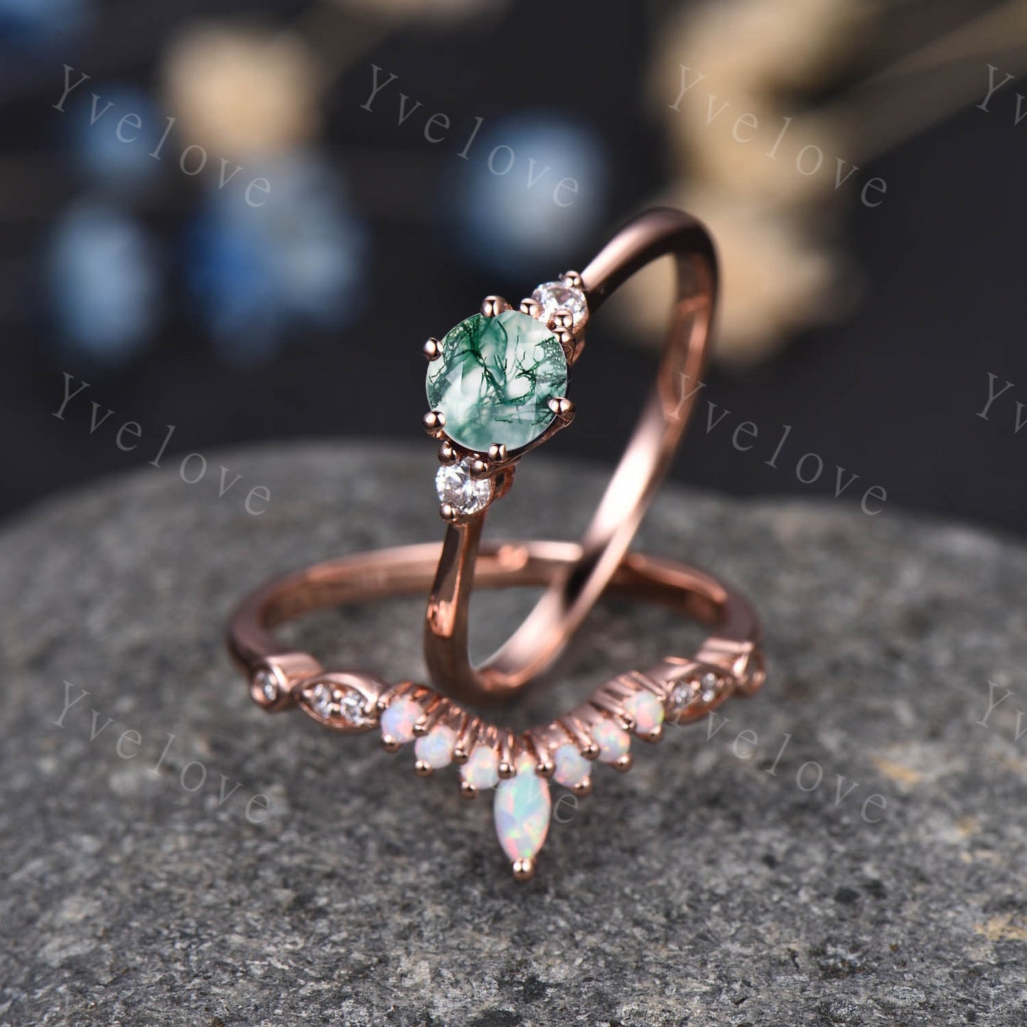 Moss agate ring set diamond engagement ring rose gold eternity opal curved stacking matching band promise jewelry Christmas gift for her Mom