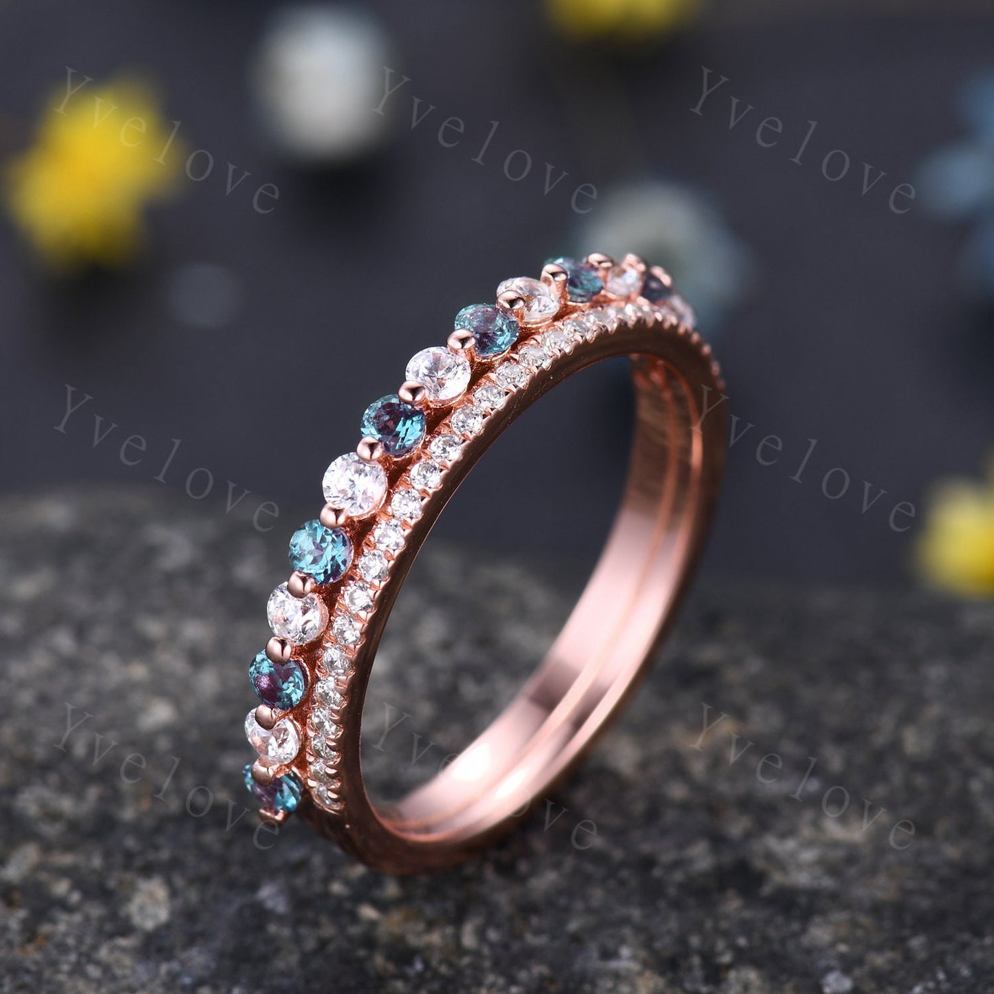 Double Row Vintage Alexandrite Moissanite Engagements Ring Half Eternity matching stacking band sterling silver bridal ring gift for women