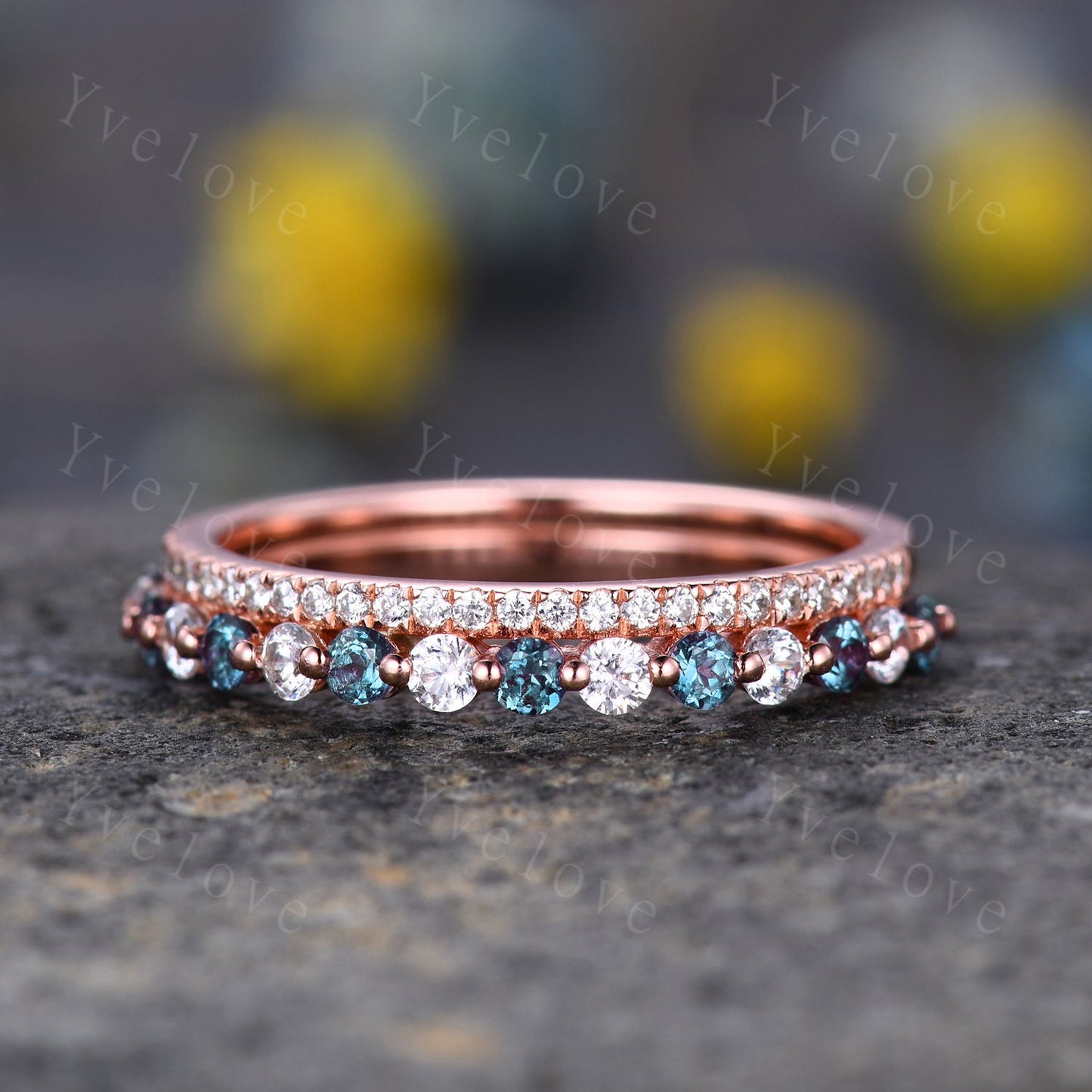 Double Row Vintage Alexandrite Moissanite Engagements Ring Half Eternity matching stacking band sterling silver bridal ring gift for women