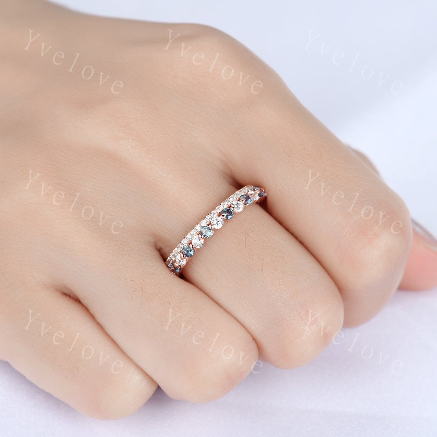 Double Row Vintage Alexandrite Moissanite Engagements Ring Half Eternity matching stacking band sterling silver bridal ring gift for women