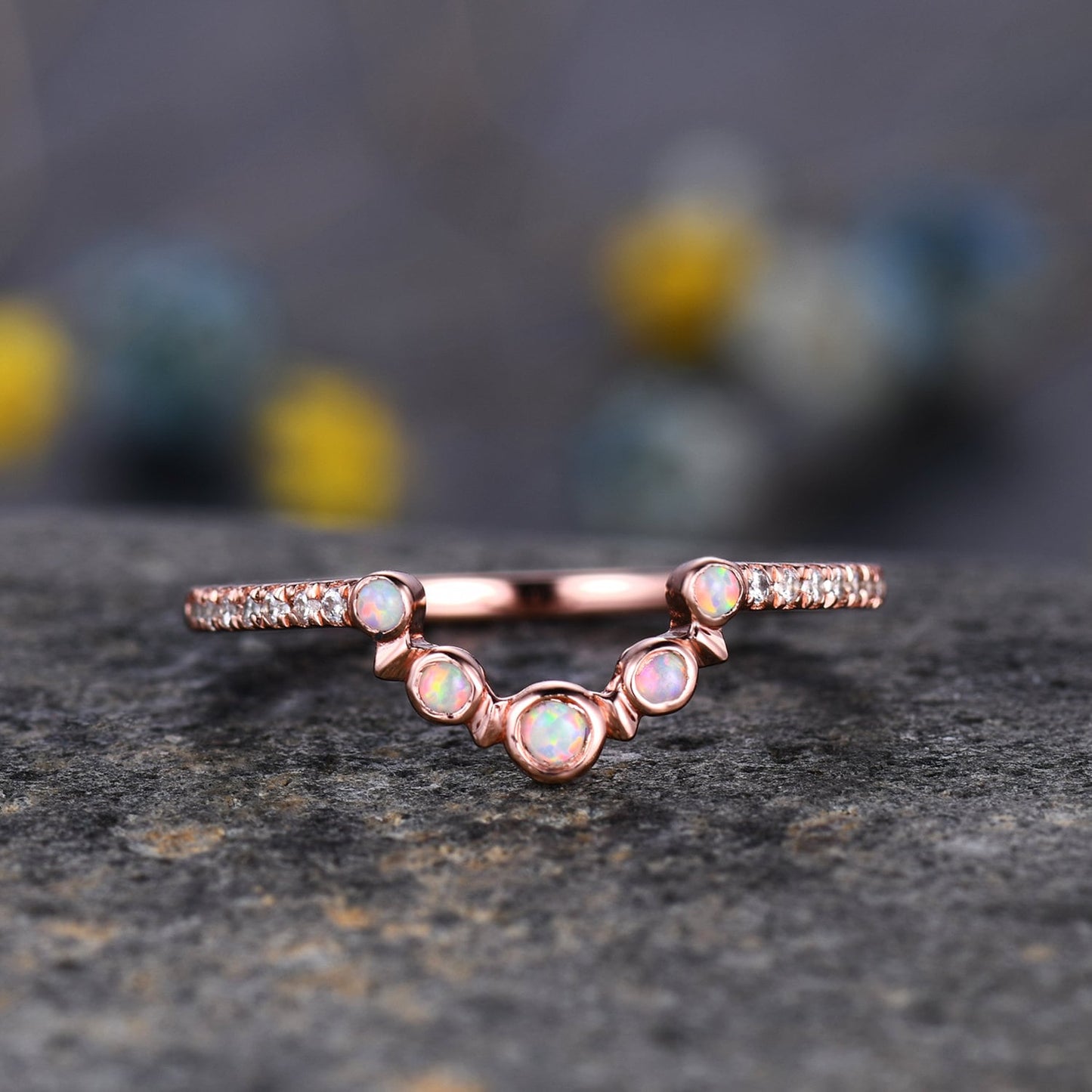 2mm Opal Engagement Ring,Opal Wedding Band,14K Rose Gold,Wedding Band,Stacking Ring,Matching Band,Promise Ring,Anniversary,Gift for Women
