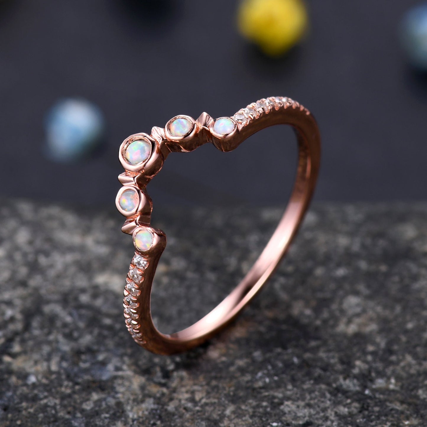 2mm Opal Engagement Ring,Opal Wedding Band,14K Rose Gold,Wedding Band,Stacking Ring,Matching Band,Promise Ring,Anniversary,Gift for Women