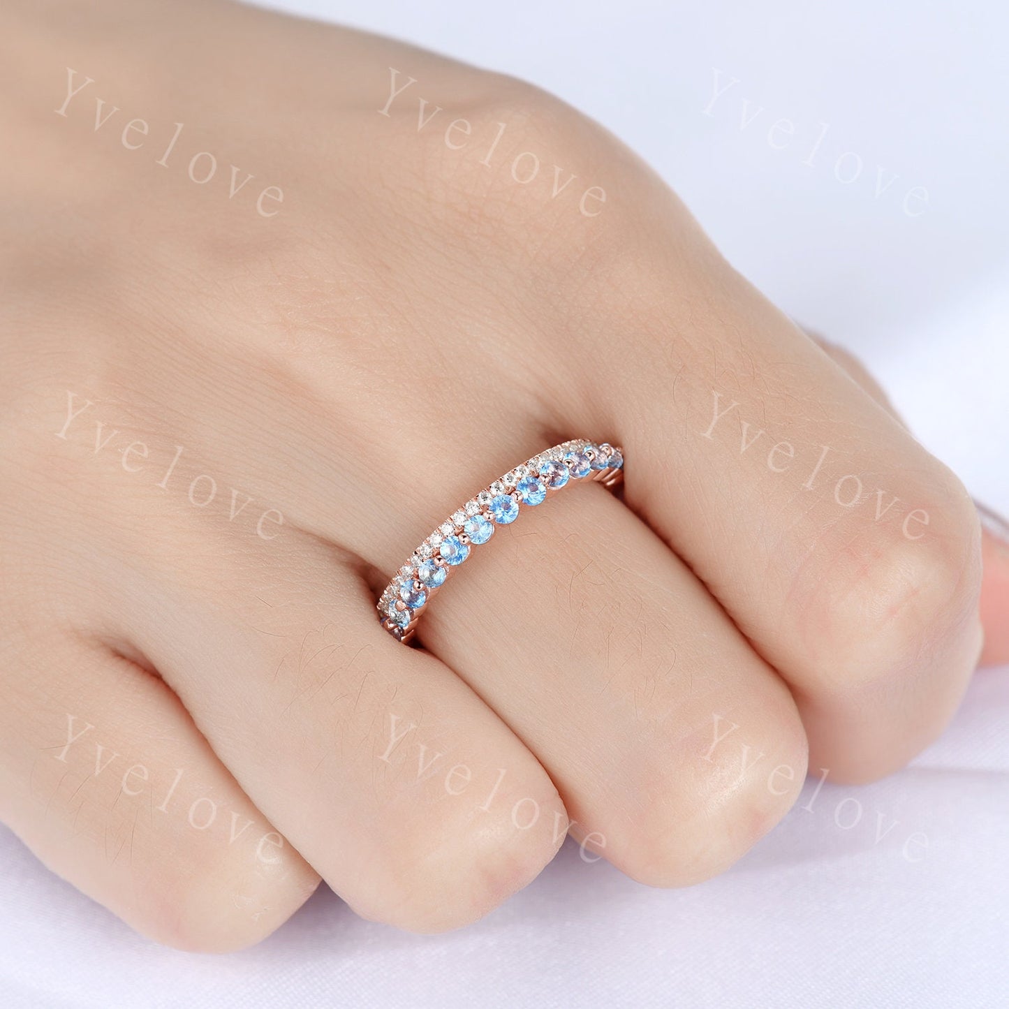 Geniune Swiss Blue Topaz Engagemnt Ring ,Topaz Wedding Band, Blue Gemstone Ring,Half Eternity Wedding Ring, December Birthstone, Gold Band