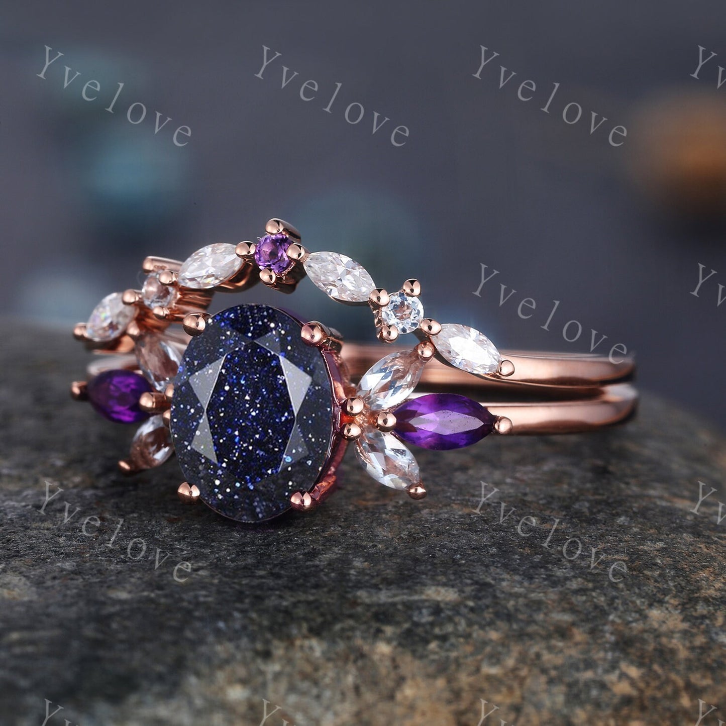 Vintage Blue Sandstone Engagement Ring set Unique Rose Gold Oval cut Bridal set Art deco curved stacking band promise anniversary rings gift
