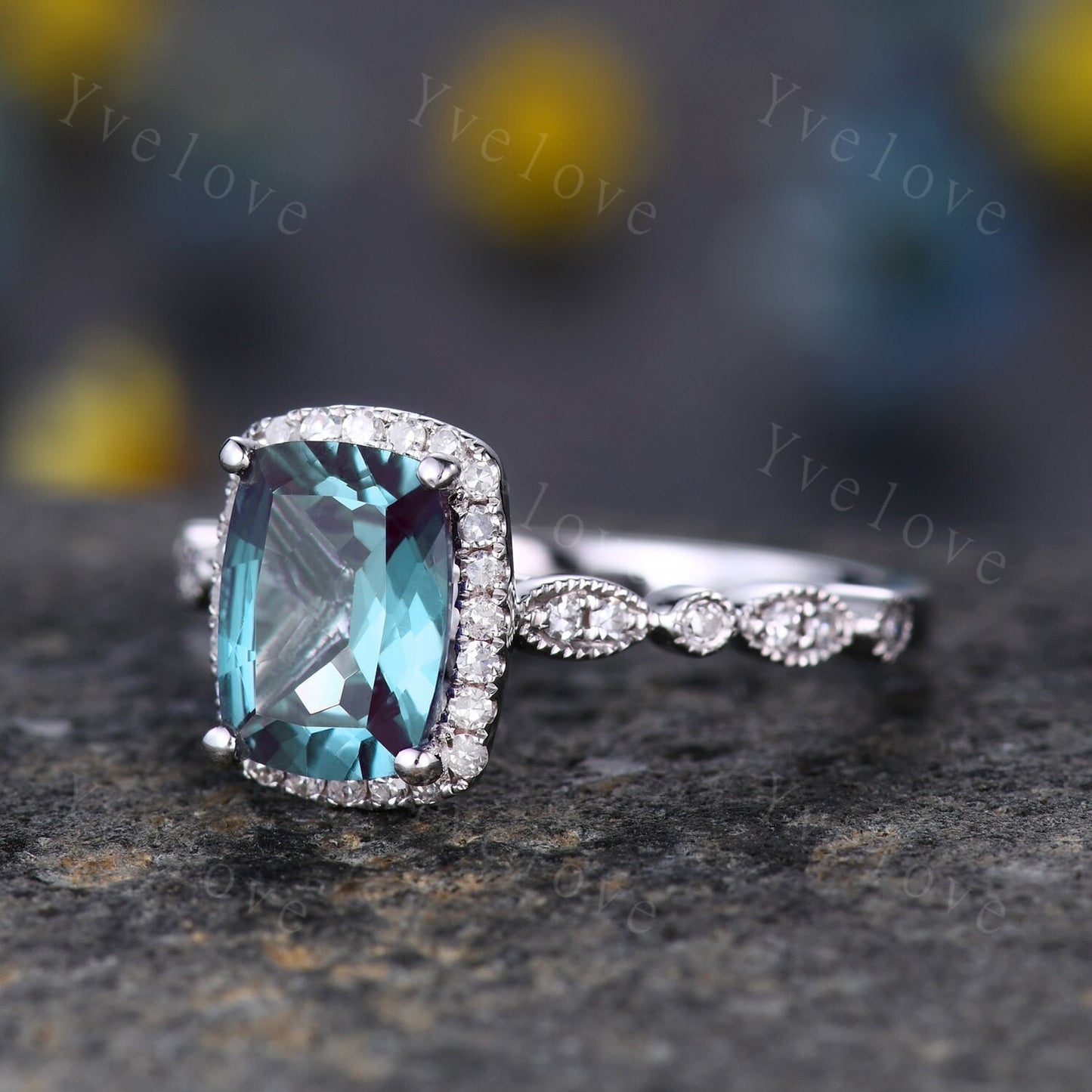 14K White Gold Cushion Alexandrite Engagement Ring Color-changing Alexandrite Ring Art Deco Halo 6x8mm Diamond Pave Wedding Ring Set for her