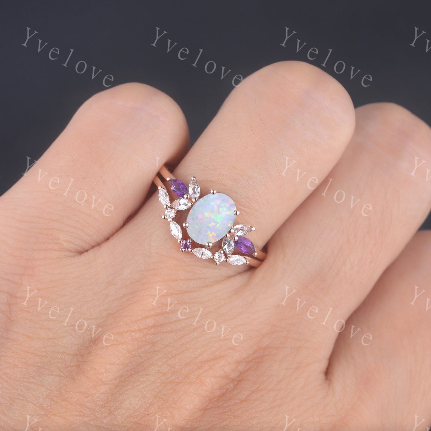 Vintage White Fire Opal Ring, Opal Bridal Ring Set, Dainty Opal Engagement Ring, Rose Gold Rings, Matching Band, Opal Jewelry, Gift for Her