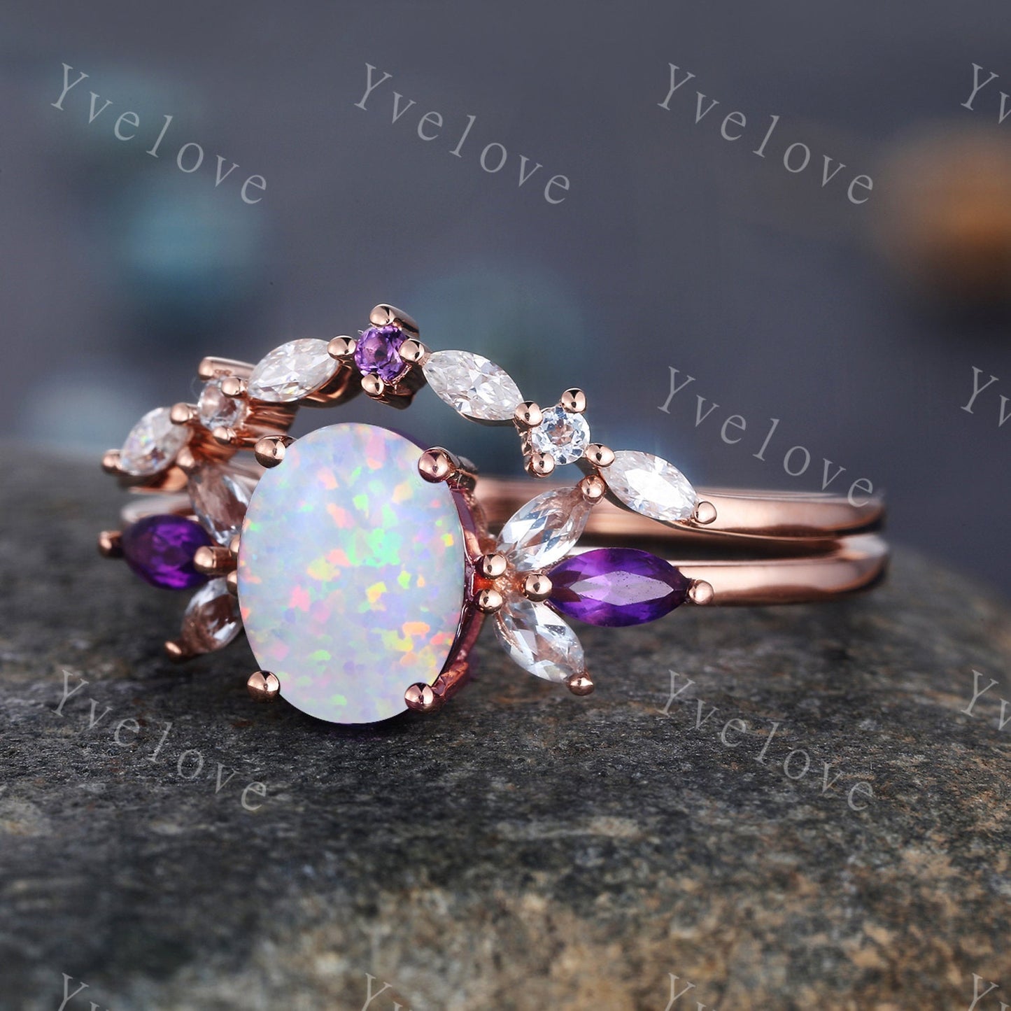 Vintage White Fire Opal Ring, Opal Bridal Ring Set, Dainty Opal Engagement Ring, Rose Gold Rings, Matching Band, Opal Jewelry, Gift for Her