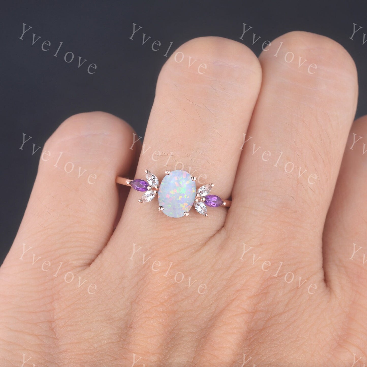 Vintage White Fire Opal Ring, Opal Bridal Ring Set, Dainty Opal Engagement Ring, Rose Gold Rings, Matching Band, Opal Jewelry, Gift for Her