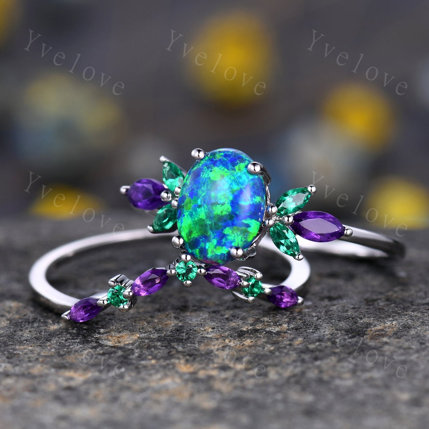 Blue Opal Wedding Ring Set Oval Opal Engagement Ring  Emerald Amethyst Wedding Ring Three Birthstones Family Stone Jewelry Anniversary Gift