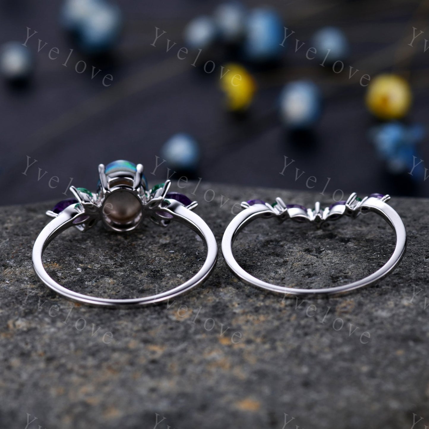Blue Opal Wedding Ring Set Oval Opal Engagement Ring  Emerald Amethyst Wedding Ring Three Birthstones Family Stone Jewelry Anniversary Gift