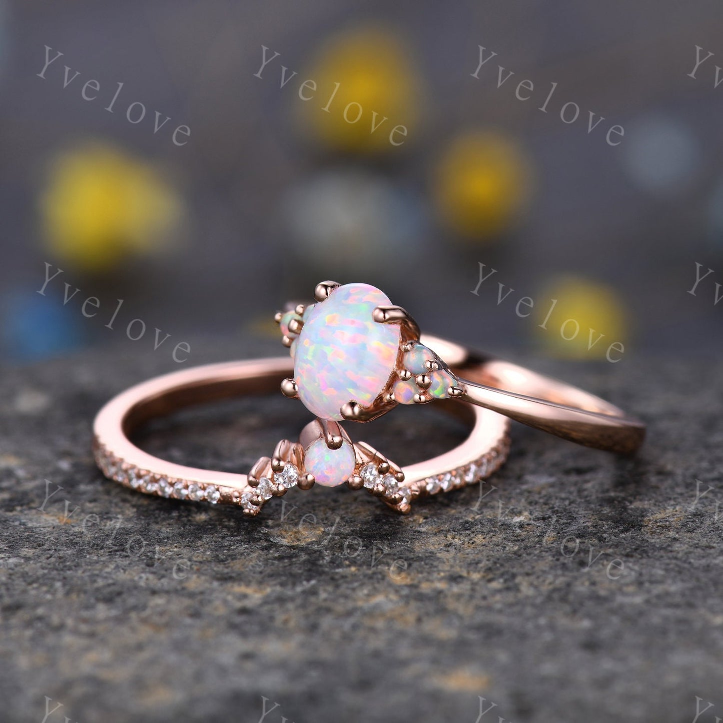 White Opal Engagement Ring Set,Opal Rings for Women, Rose Gold Opal Diamond Curved Matching Band set his and hers Promise Ring, Danity Ring
