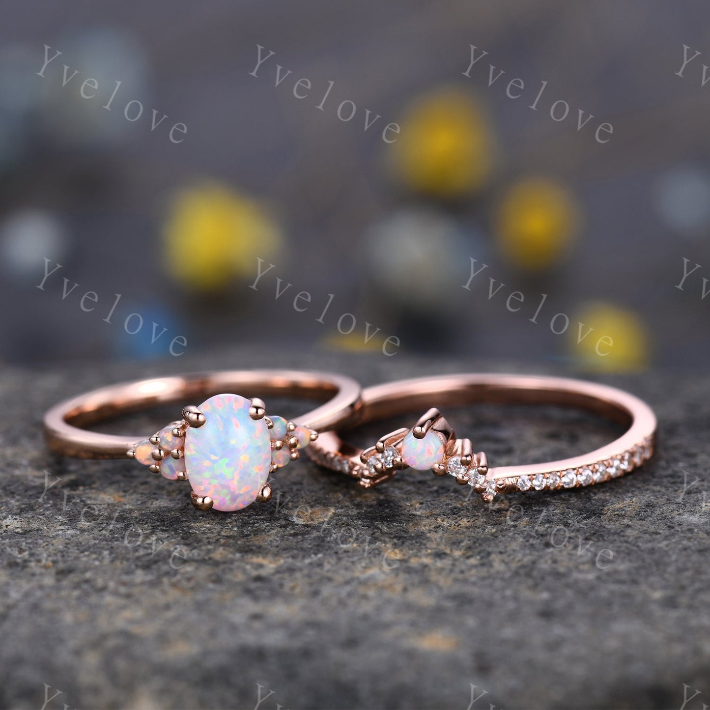 White Opal Engagement Ring Set,Opal Rings for Women, Rose Gold Opal Diamond Curved Matching Band set his and hers Promise Ring, Danity Ring