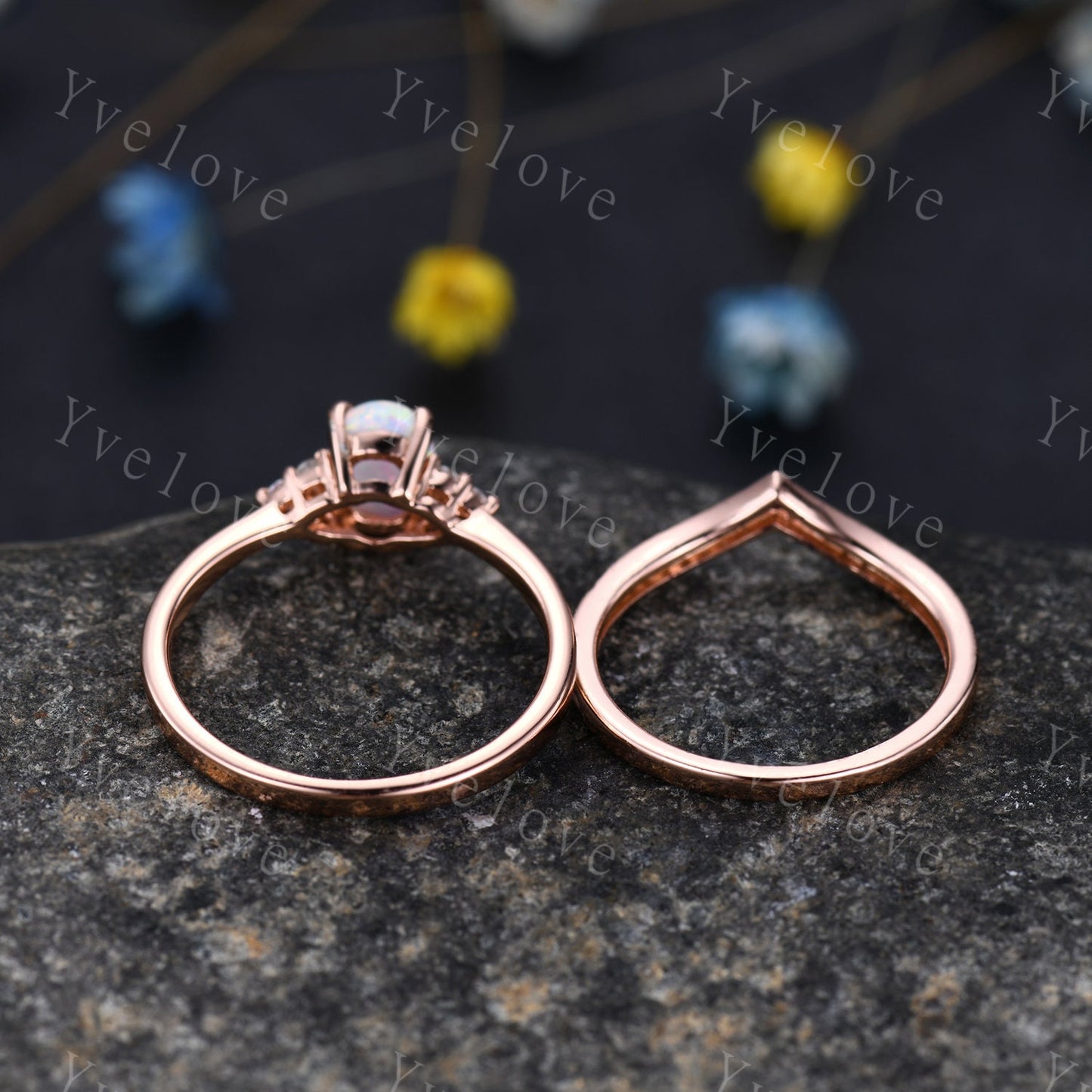 White Opal Engagement Ring Set,Opal Rings for Women, Rose Gold Opal Diamond Curved Matching Band set his and hers Promise Ring, Danity Ring