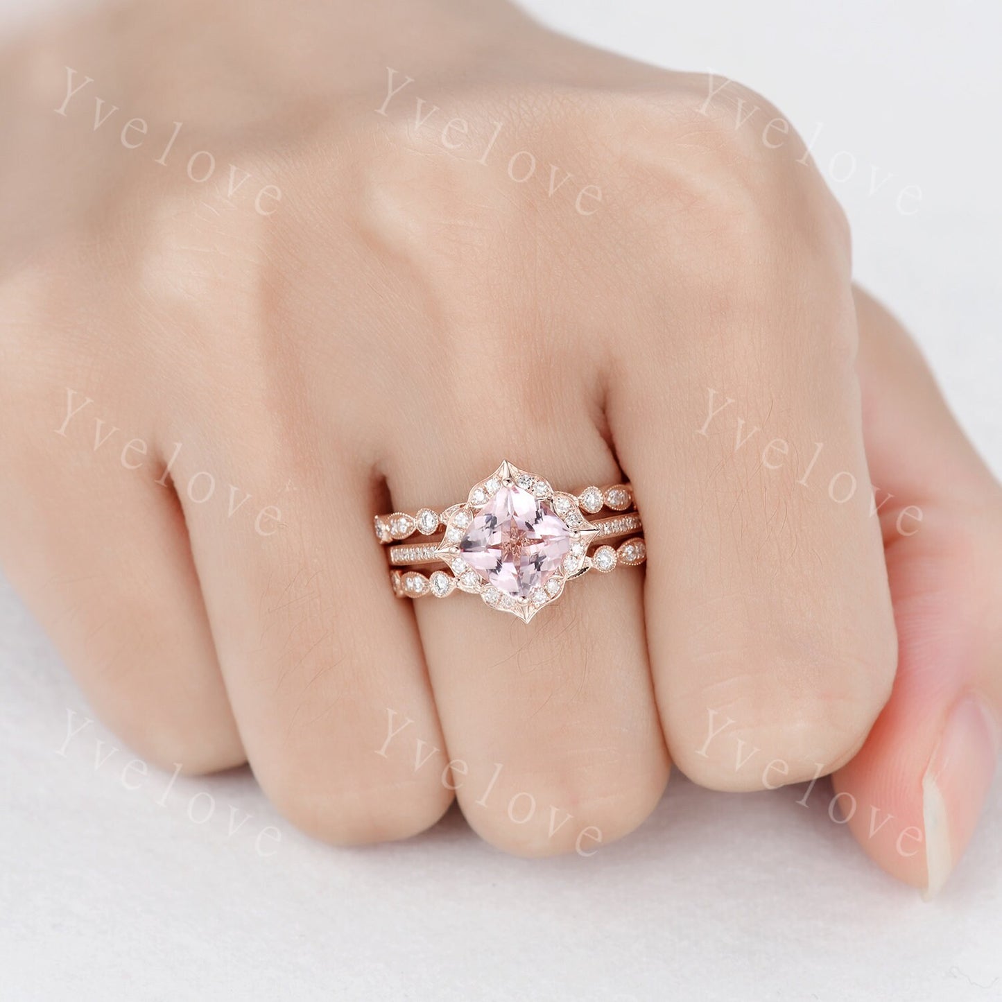 7mm Cushion Cut Morganite Engagement Ring Set,3 pcs Art Deco Morganite Wedding Ring,Diamond Stacking Bands,Bridal Ring Set,Anniversary Gift