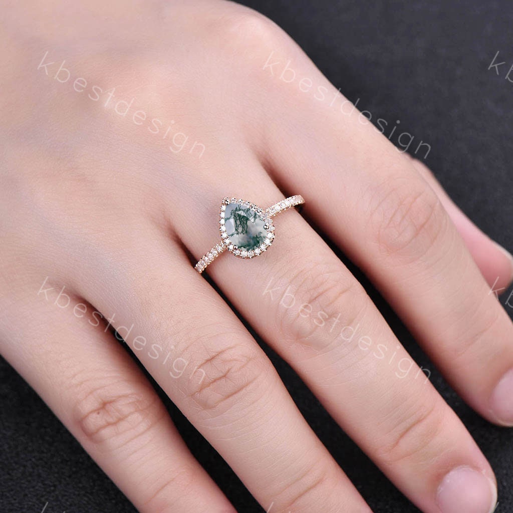 Art deco moss agate wedding ring set vintage moss agate engagement ring half eternity stacking matching band rose gold ring promise ring set