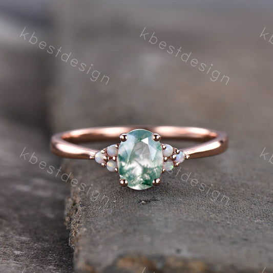 Oval Moss Agate engagement ring rose gold dainty engagement ring unique Opal cluster wedding ring bridal anniversary promise ring