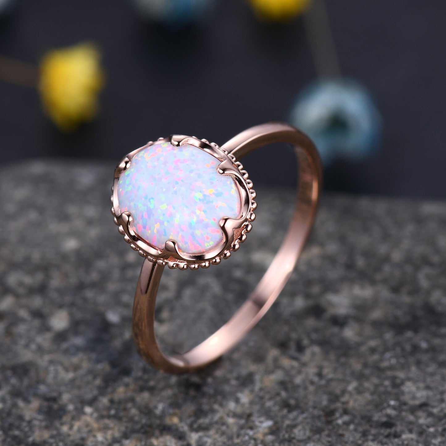 10x8mm Oval White Opal Engagement Ring Prong Set Opal Ring Solid 10K/14K/18K Rose Gold Anniversary Promise Ring Bridal Ring Christmas Gift