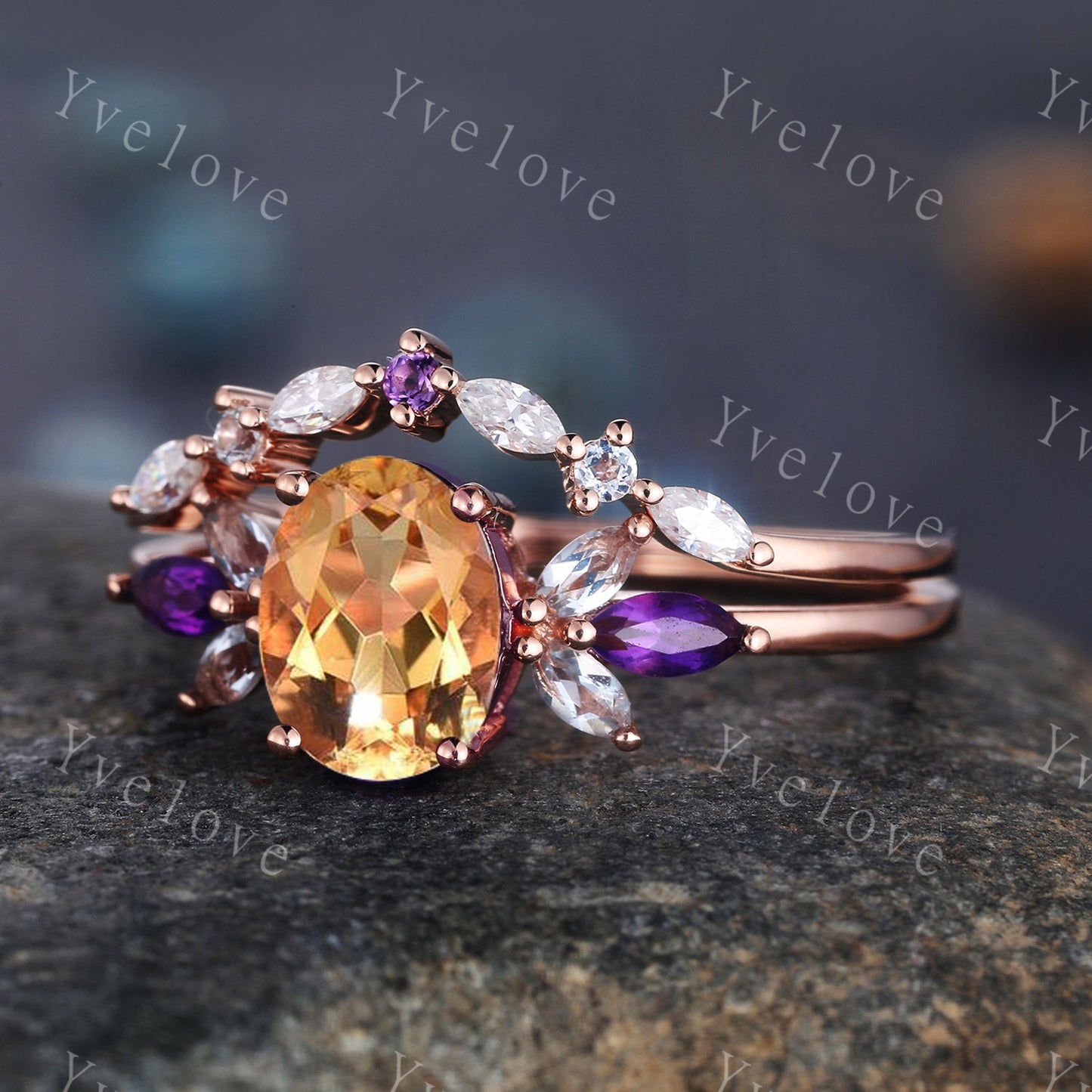 Citrine Ring Set, Natural Citrine Engagement Ring Set,Marquise Amethyst Promise Ring,Yellow Gemstone November Birthstone,Gift For Mom Her