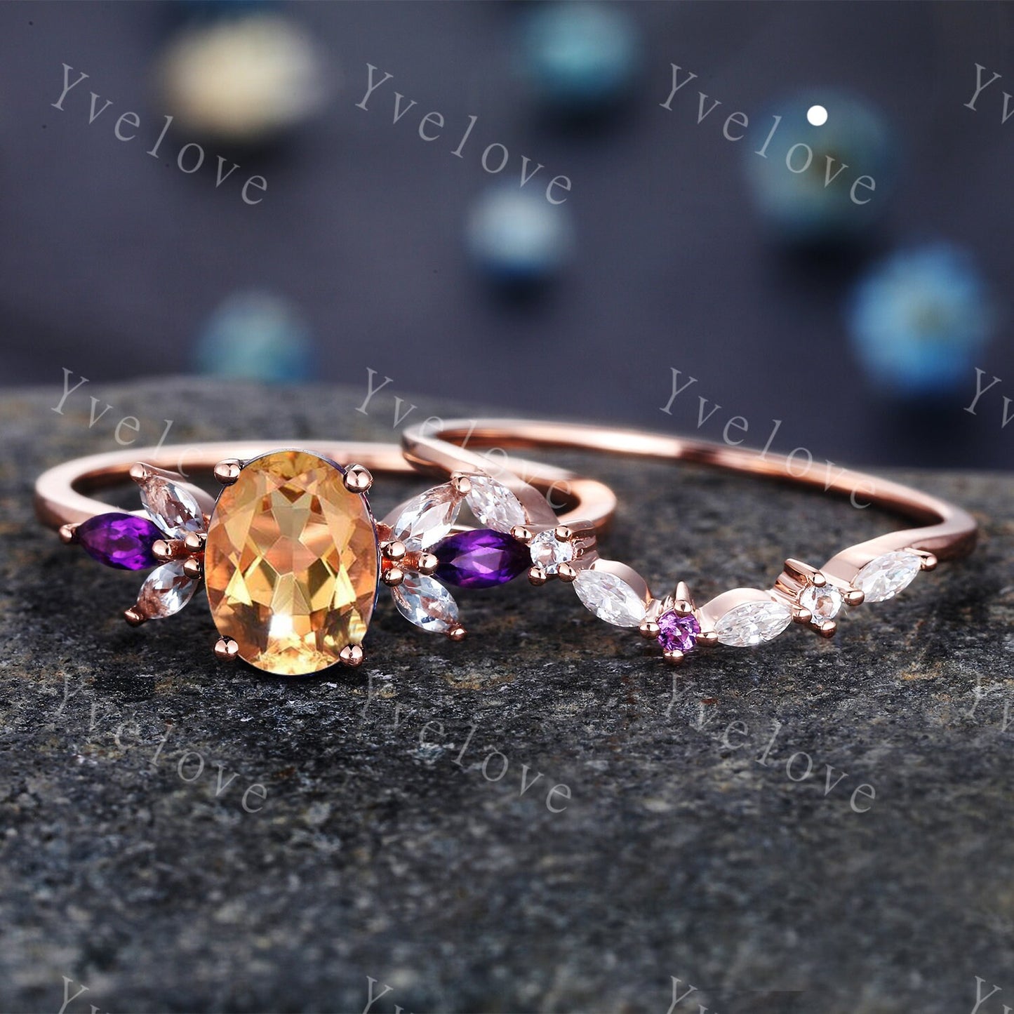 Citrine Ring Set, Natural Citrine Engagement Ring Set,Marquise Amethyst Promise Ring,Yellow Gemstone November Birthstone,Gift For Mom Her