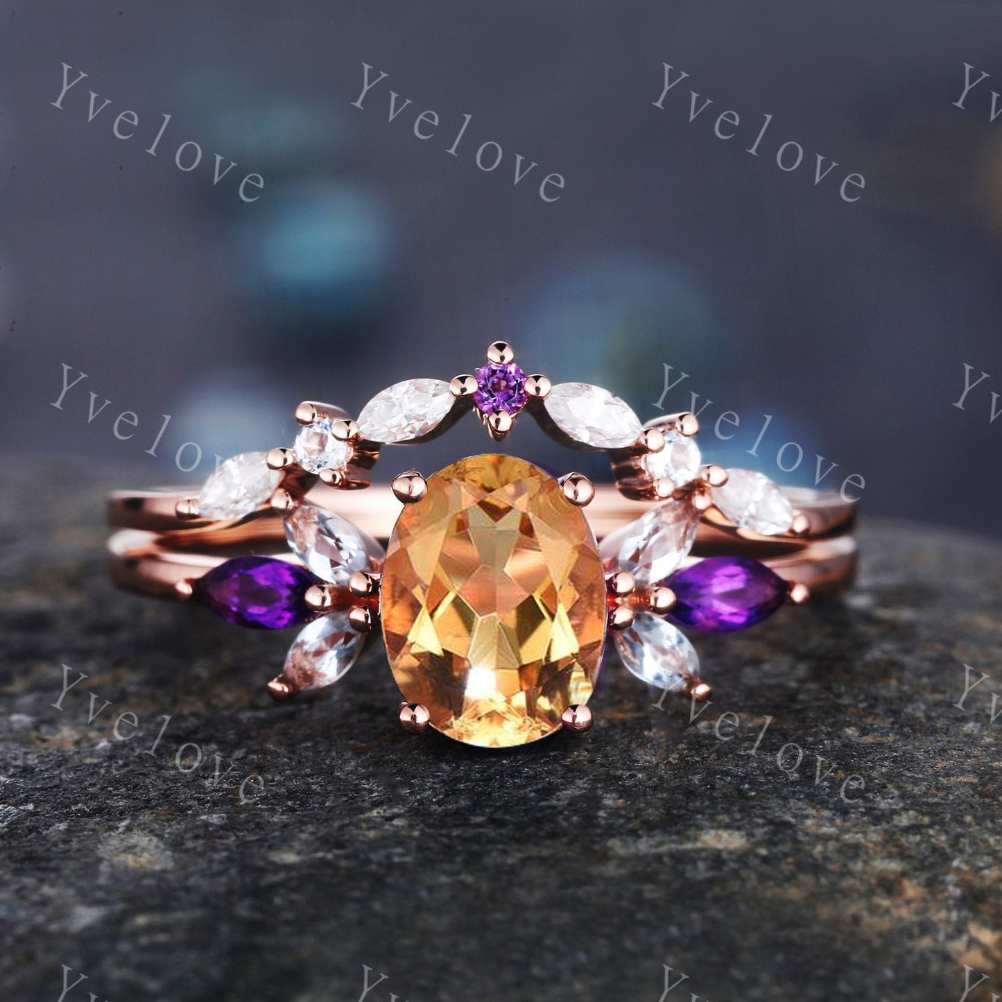 Citrine Ring Set, Natural Citrine Engagement Ring Set,Marquise Amethyst Promise Ring,Yellow Gemstone November Birthstone,Gift For Mom Her