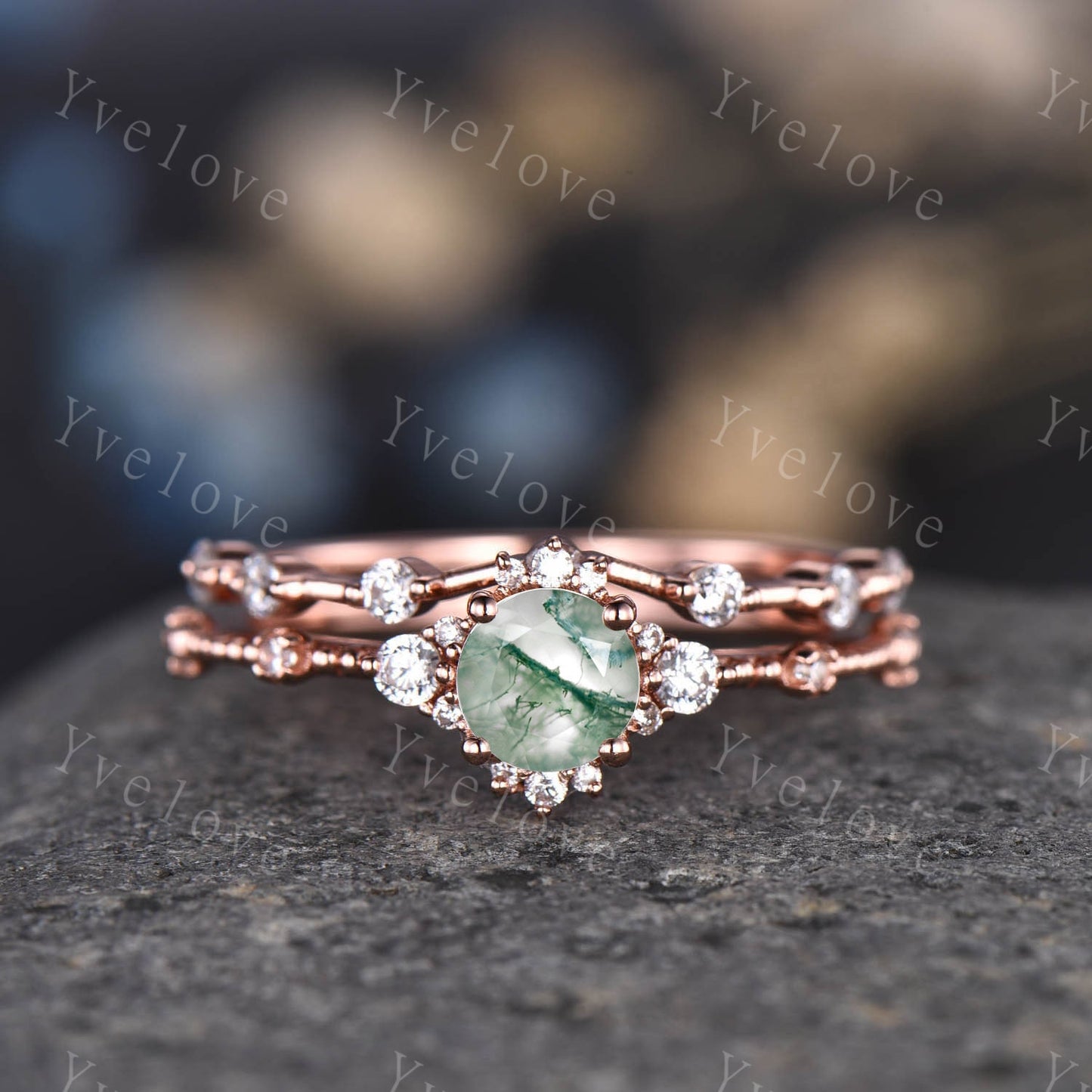 Danity Moss Agate Engagement Ring Set Rose Gold CZ Diamond Matching Band For Women Floral Stacking Promise Wedding Jewelry Anniversary Gift