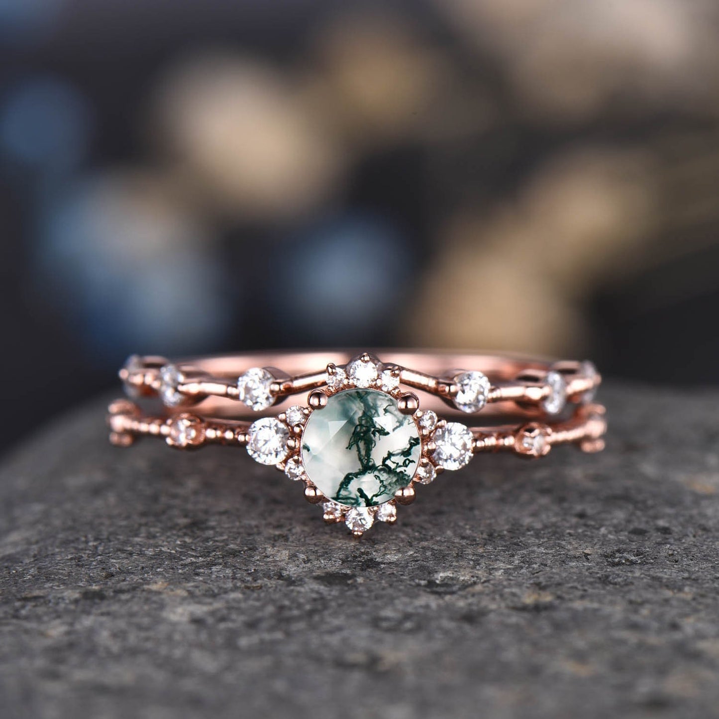 Danity Moss Agate Engagement Ring Set Rose Gold CZ Diamond Matching Band For Women Floral Stacking Promise Wedding Jewelry Anniversary Gift