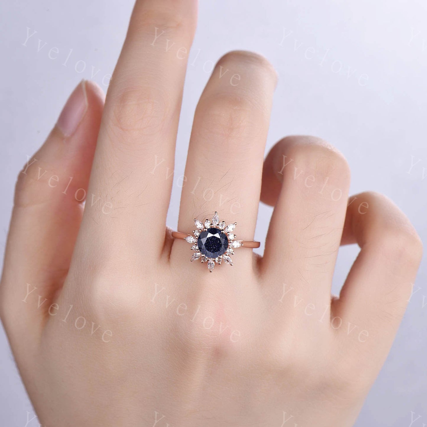 Unique Round cut Blue Sandstone Engagement Ring Women Antique Flower Diamond Halo Plain Gold Band Promise Bridal Anniversary Jewelry For Her