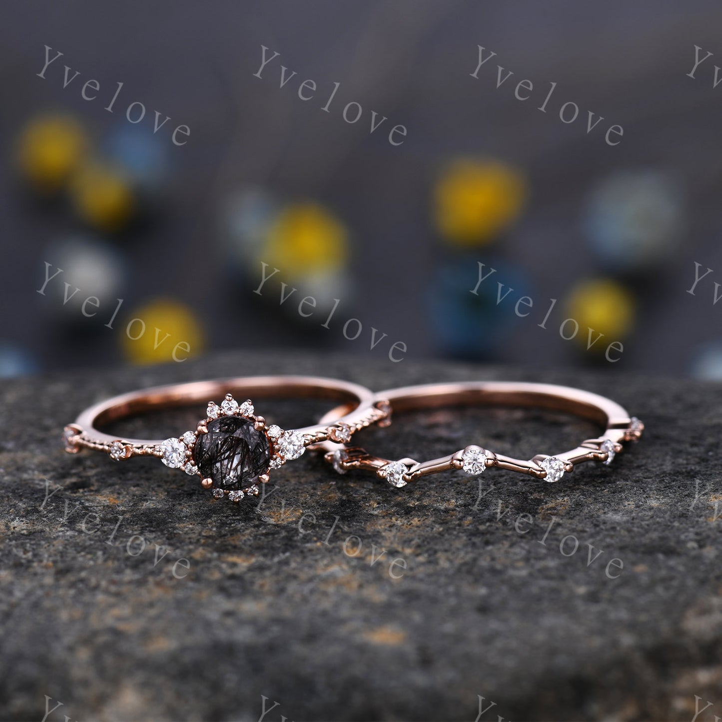 Black Rutilated Quartz Engagement Ring 14k Rose Gold Diamond/Moissanite Stacking Wedding Band Minimalist Floral Bridal Ring Set