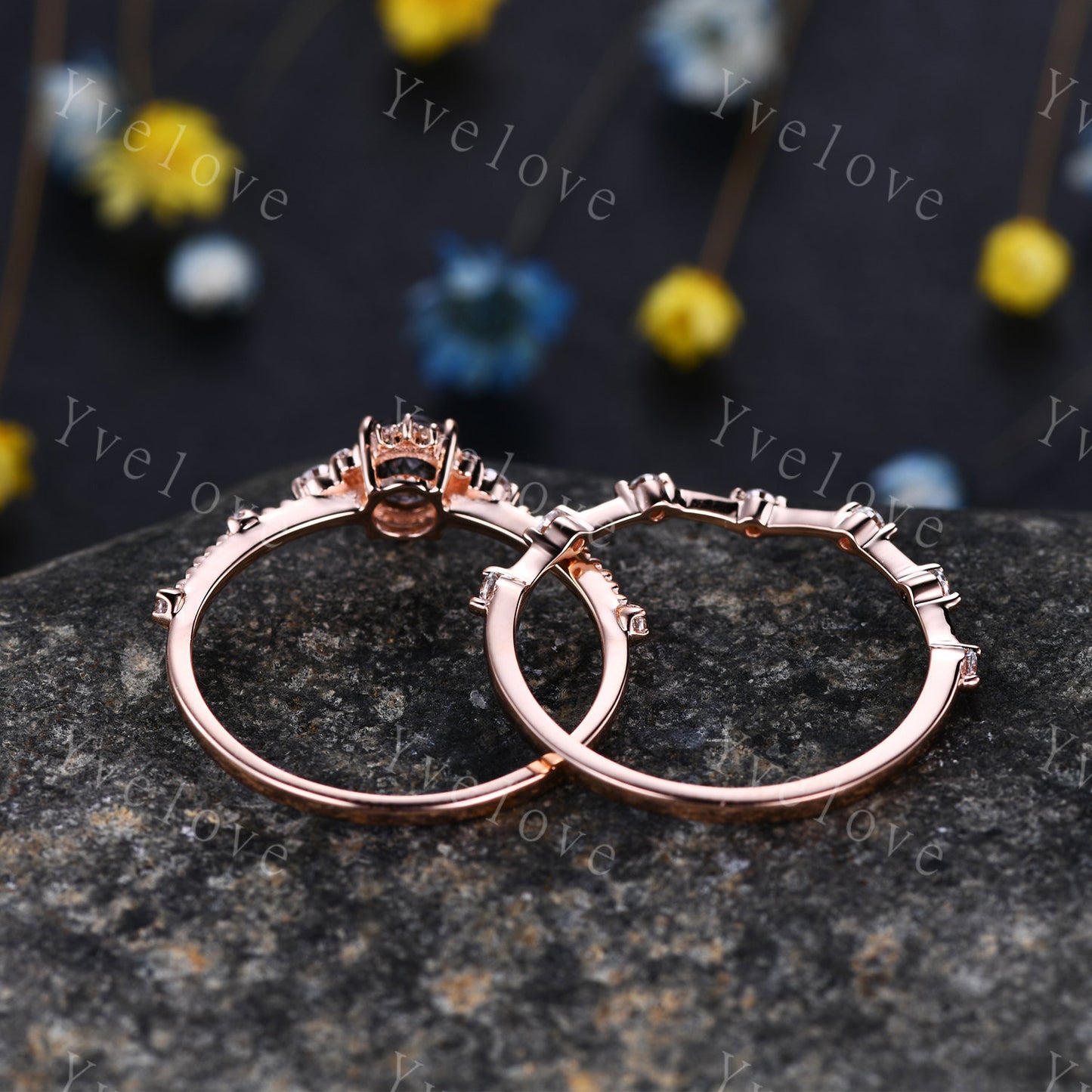 Black Rutilated Quartz Engagement Ring 14k Rose Gold Diamond/Moissanite Stacking Wedding Band Minimalist Floral Bridal Ring Set