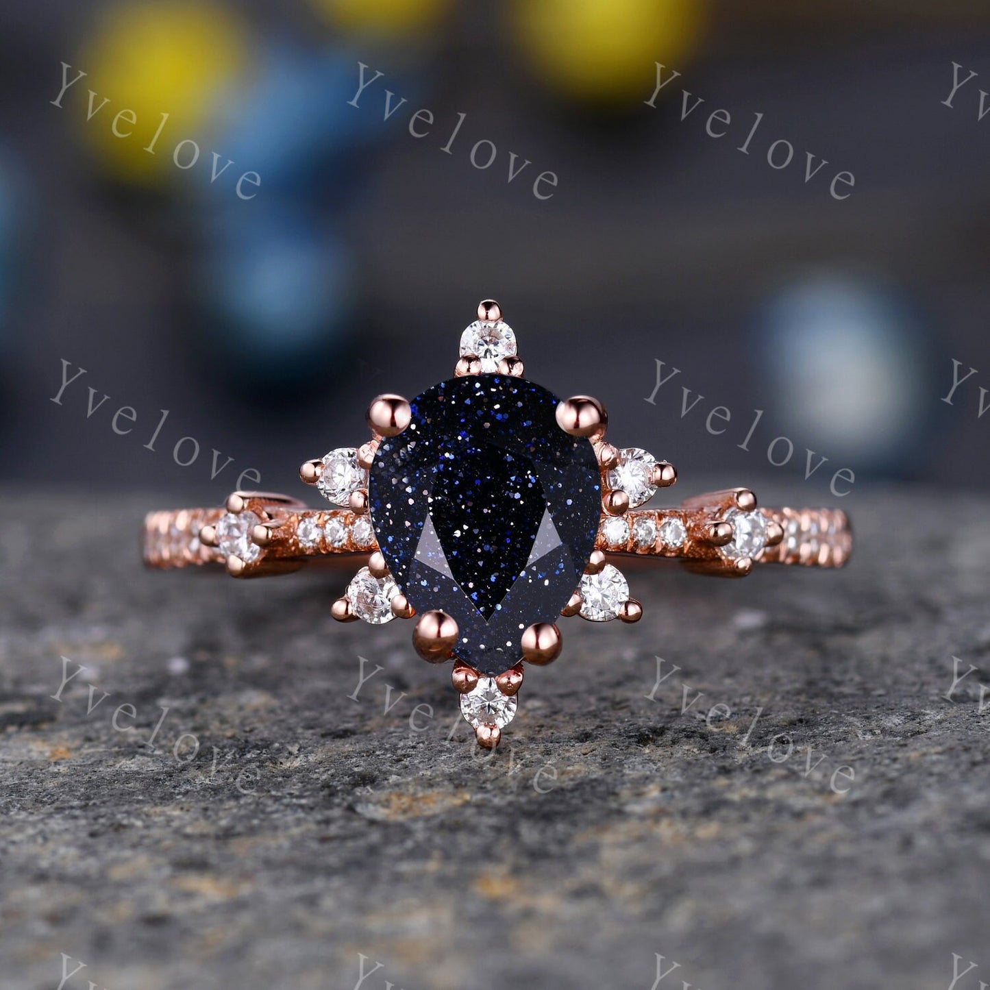 Vintage Blue Sandstone Ring Engagement Ring Set,Pear Cut Bridal Set ,925 Sterling silver Half Eternity Band,CZ man made diamond ring Custom