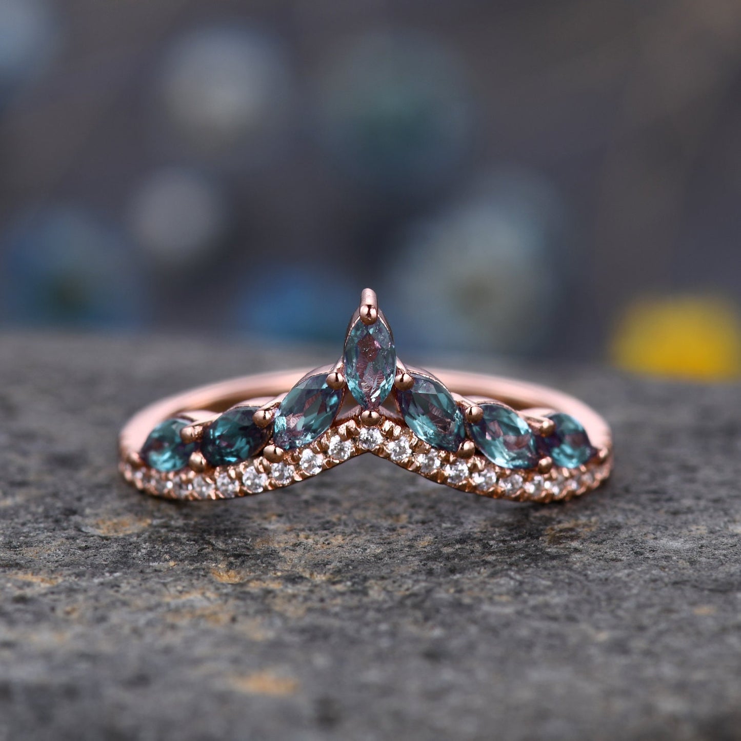 Unique Alexandrite wedding ring,Alexandrite wedding band,Marquise alexandrite ring,Curved V stacking rings,Diamond Ring,14k white  gold ring