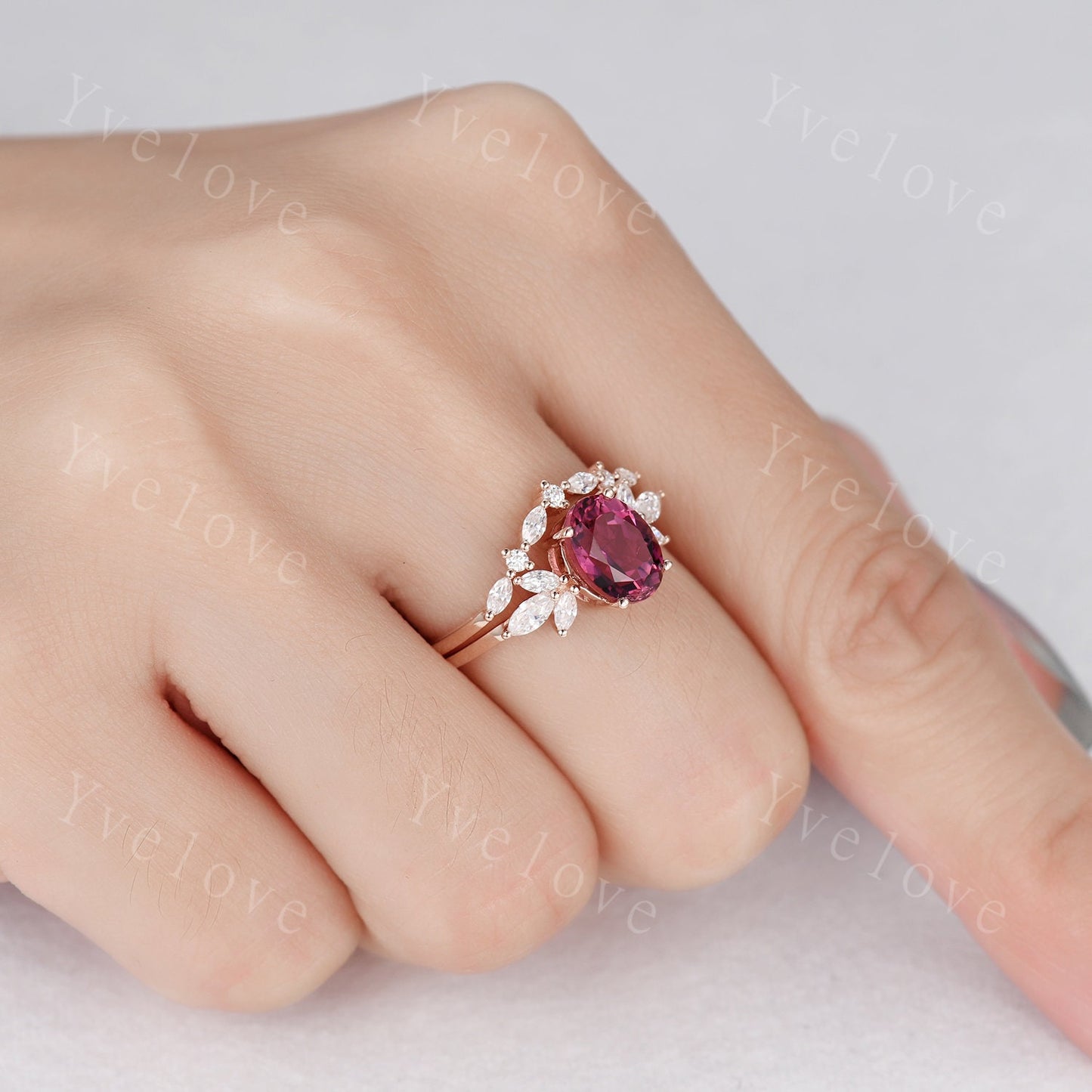 Natural Pink Tourmaline Engagement Ring,14k Rose Gold Marquise Moissanite Band,October Birthstone Ring,Art Deco Promise Anniversary Gift