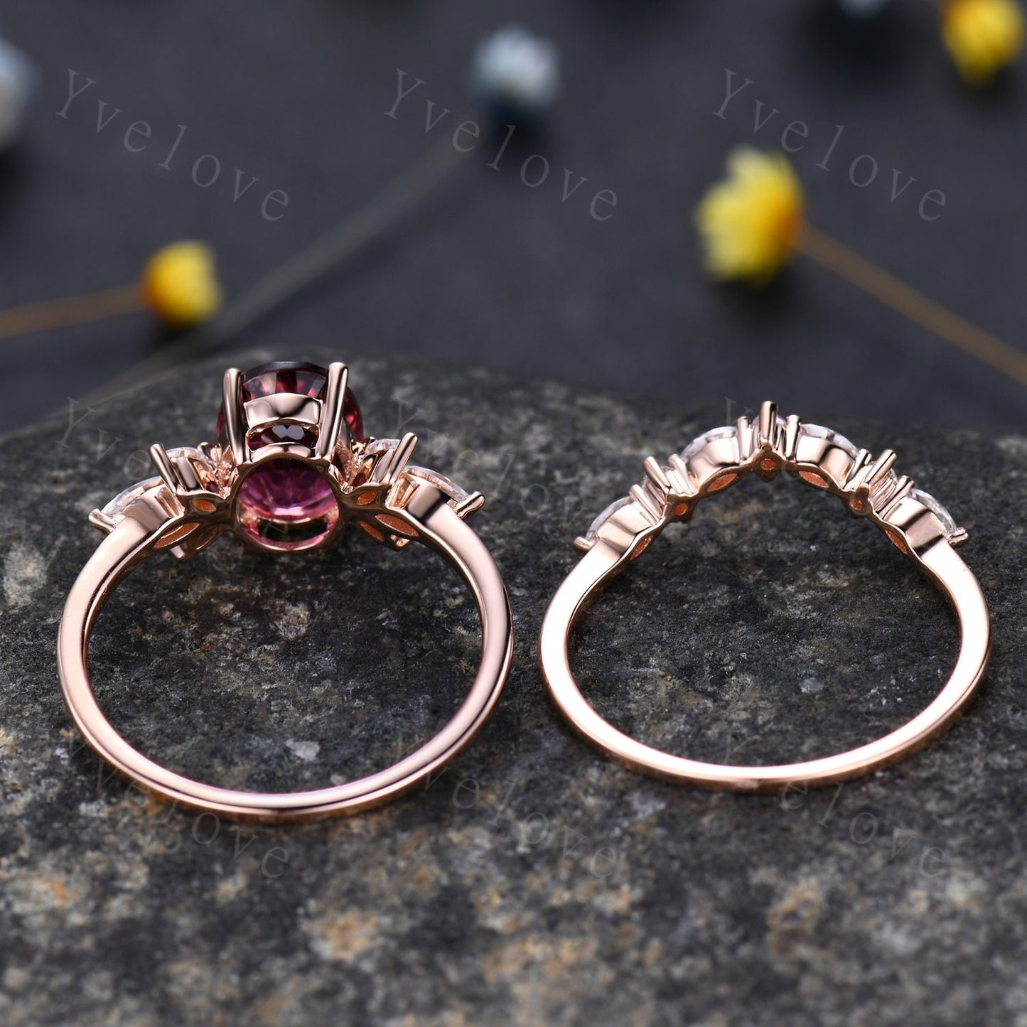 Natural Pink Tourmaline Engagement Ring Set,14k Rose Gold Marquise Moissanite Band,October Birthstone Ring,Art Deco Promise Anniversary Gift