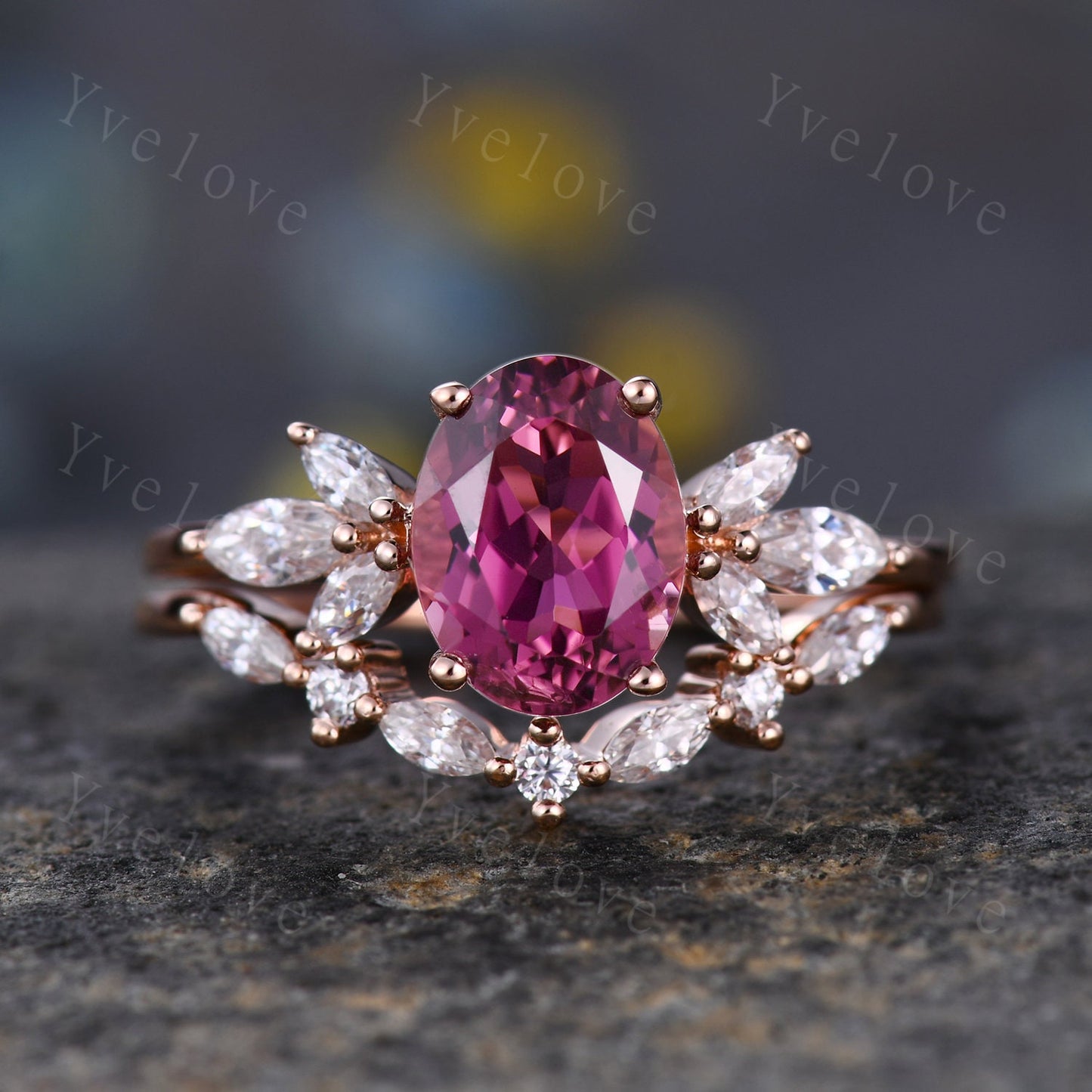 Natural Pink Tourmaline Engagement Ring,14k Rose Gold Marquise Moissanite Band,October Birthstone Ring,Art Deco Promise Anniversary Gift