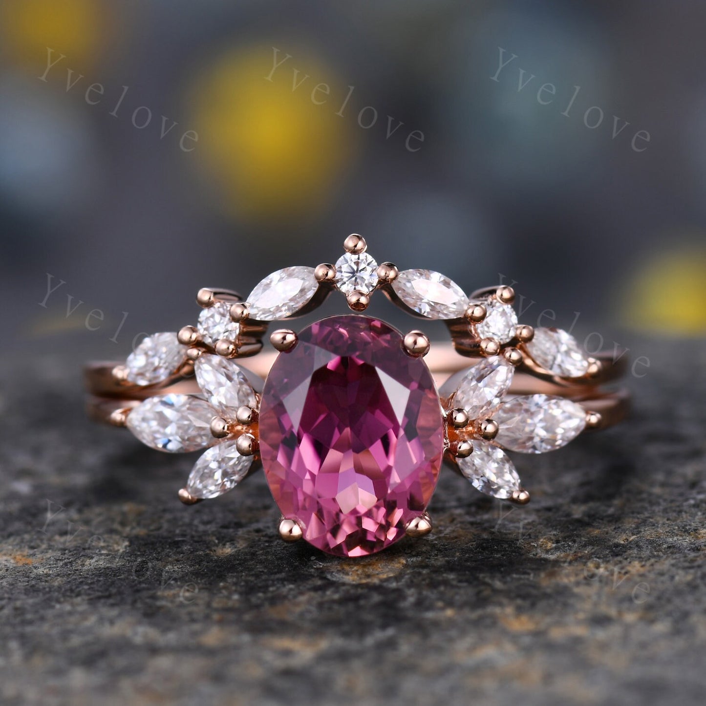 Natural Pink Tourmaline Engagement Ring,14k Rose Gold Marquise Moissanite Band,October Birthstone Ring,Art Deco Promise Anniversary Gift