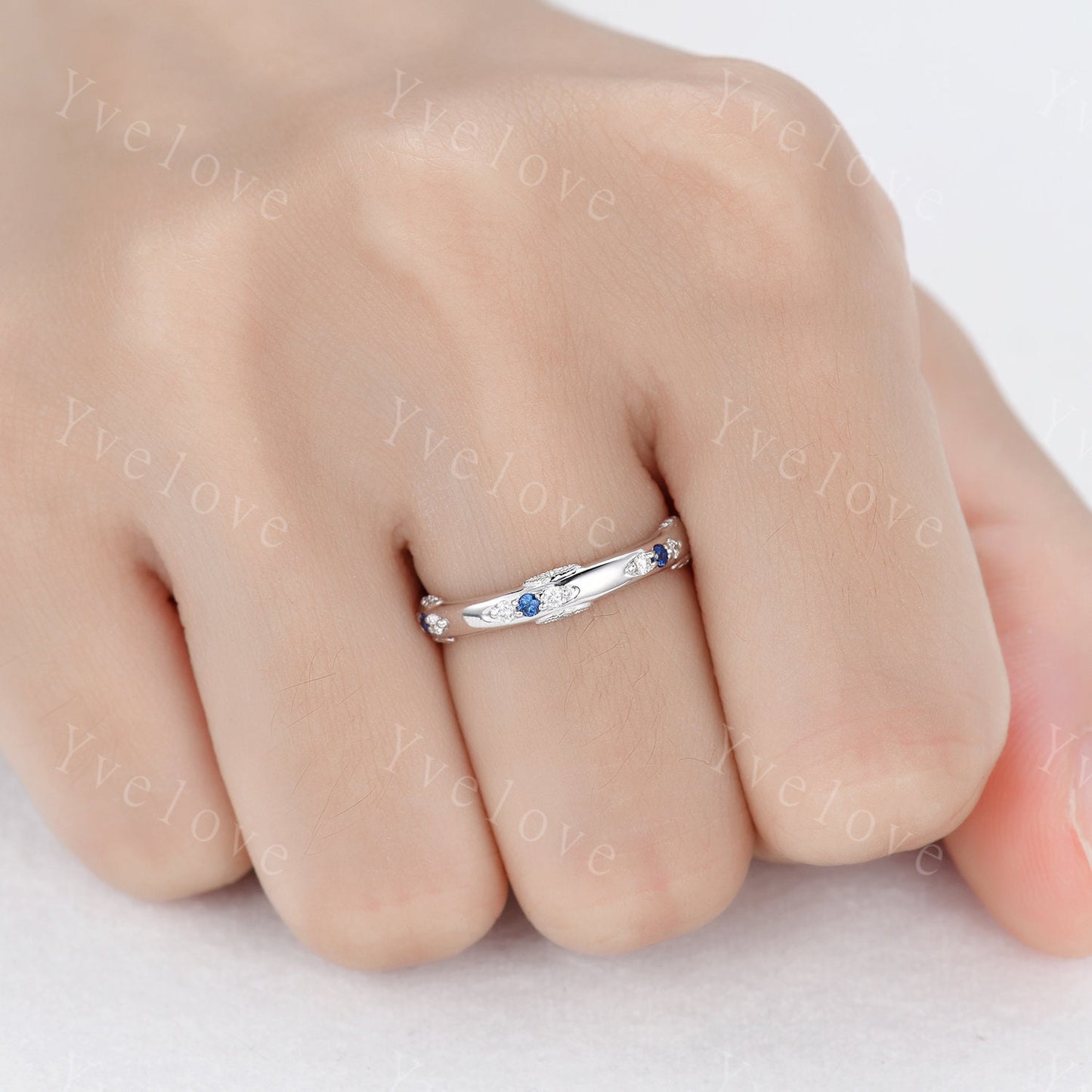 Antique Sapphire Wedding Band Eternity Blue Sapphire ring Sterling Silver September Birthstone Promise Anniversary Gift for Her Handmade